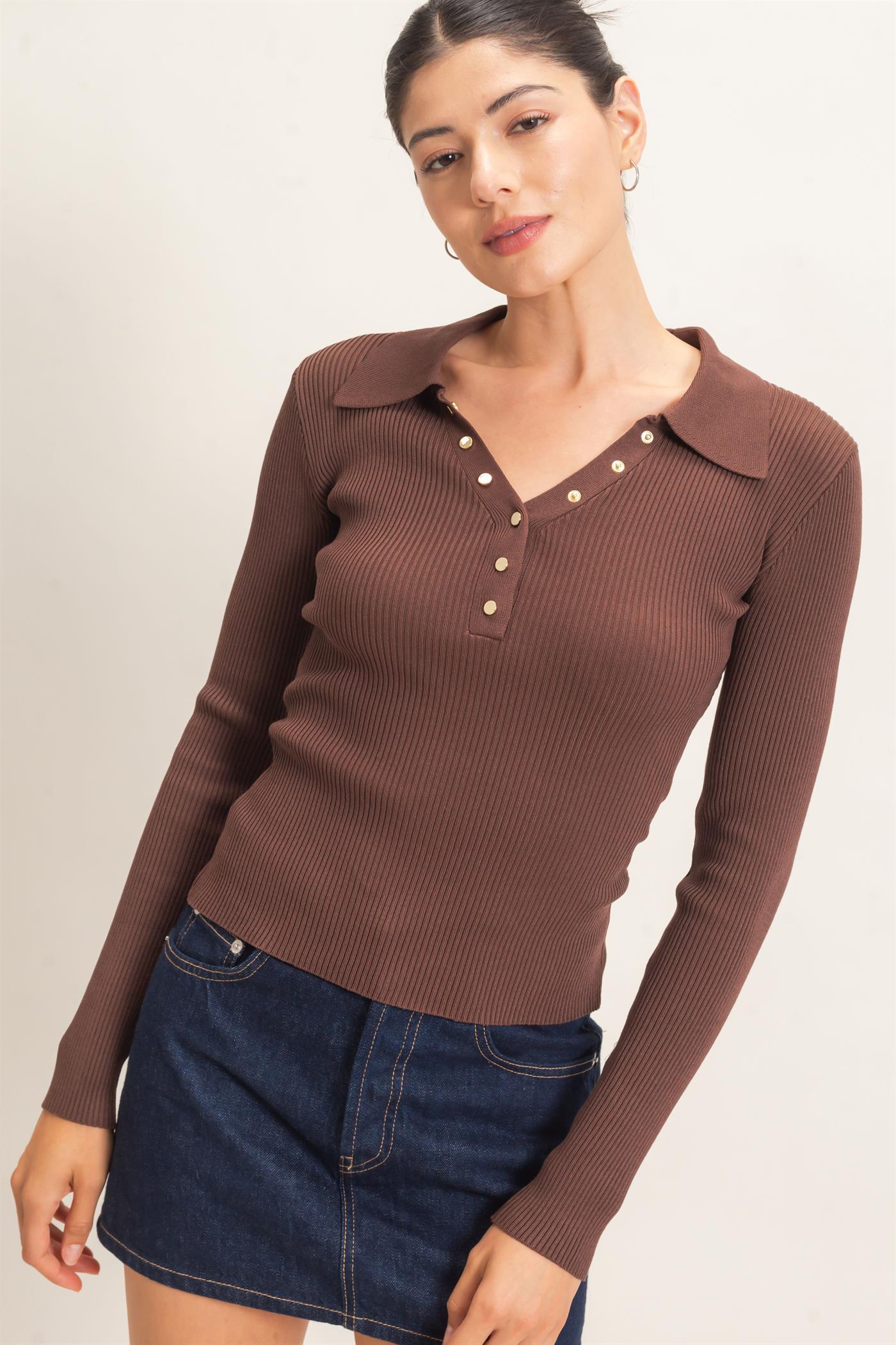 Wholesale Ribbed V-Neck Sweater With Collar Clothing Tops HF26E684 BROWN HYFVE