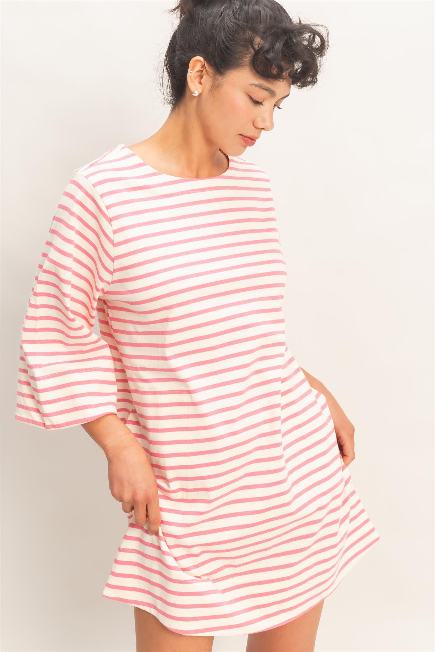 Wholesale Striped Round Neck Half-Sleeve Mini Dress Dresses DZ26A460 PINK DOUBLE ZERO