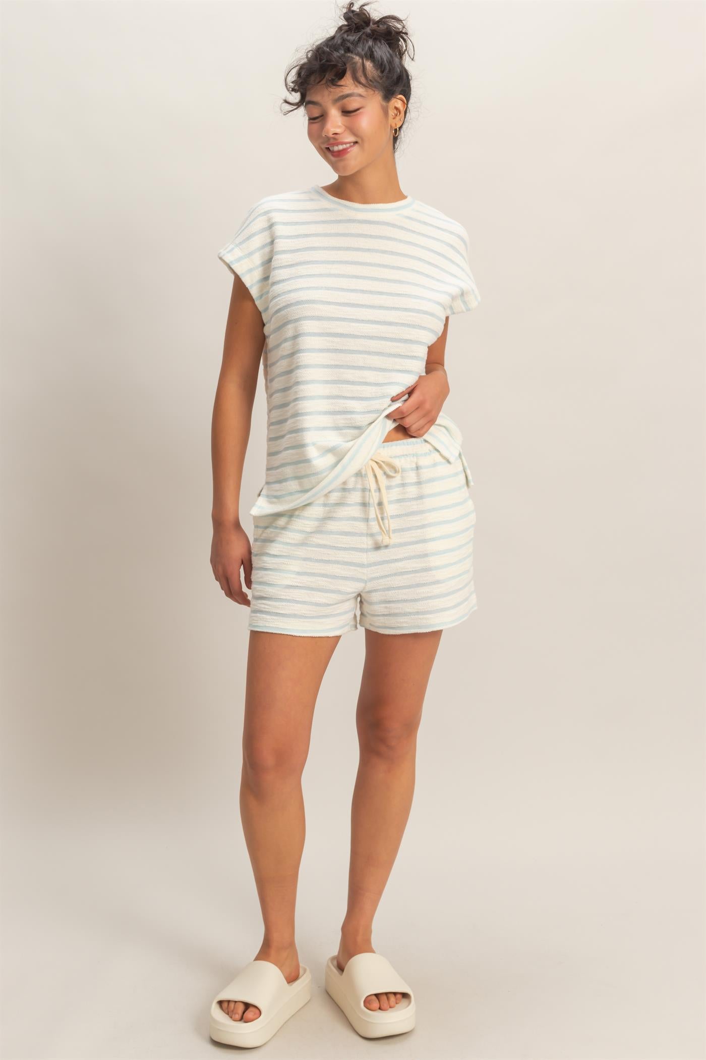 Wholesale Striped Round Neck Short Sleeve Top Clothing Tops DZ26A754 BABY BLUE DOUBLE ZERO