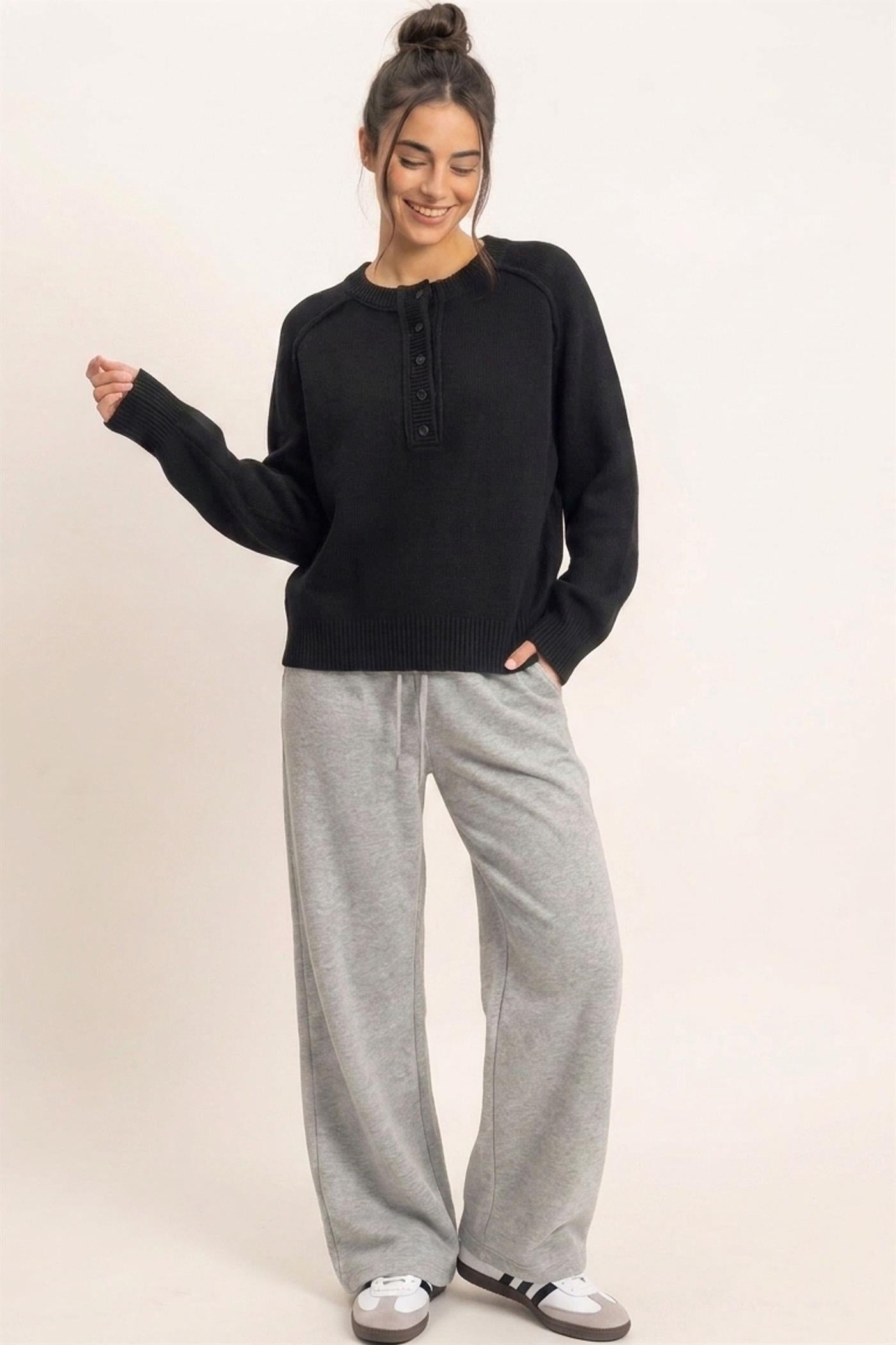 Wholesale Henley Sweater With Reverse Seams Sweaters DZ26F004 BLACK DOUBLE ZERO