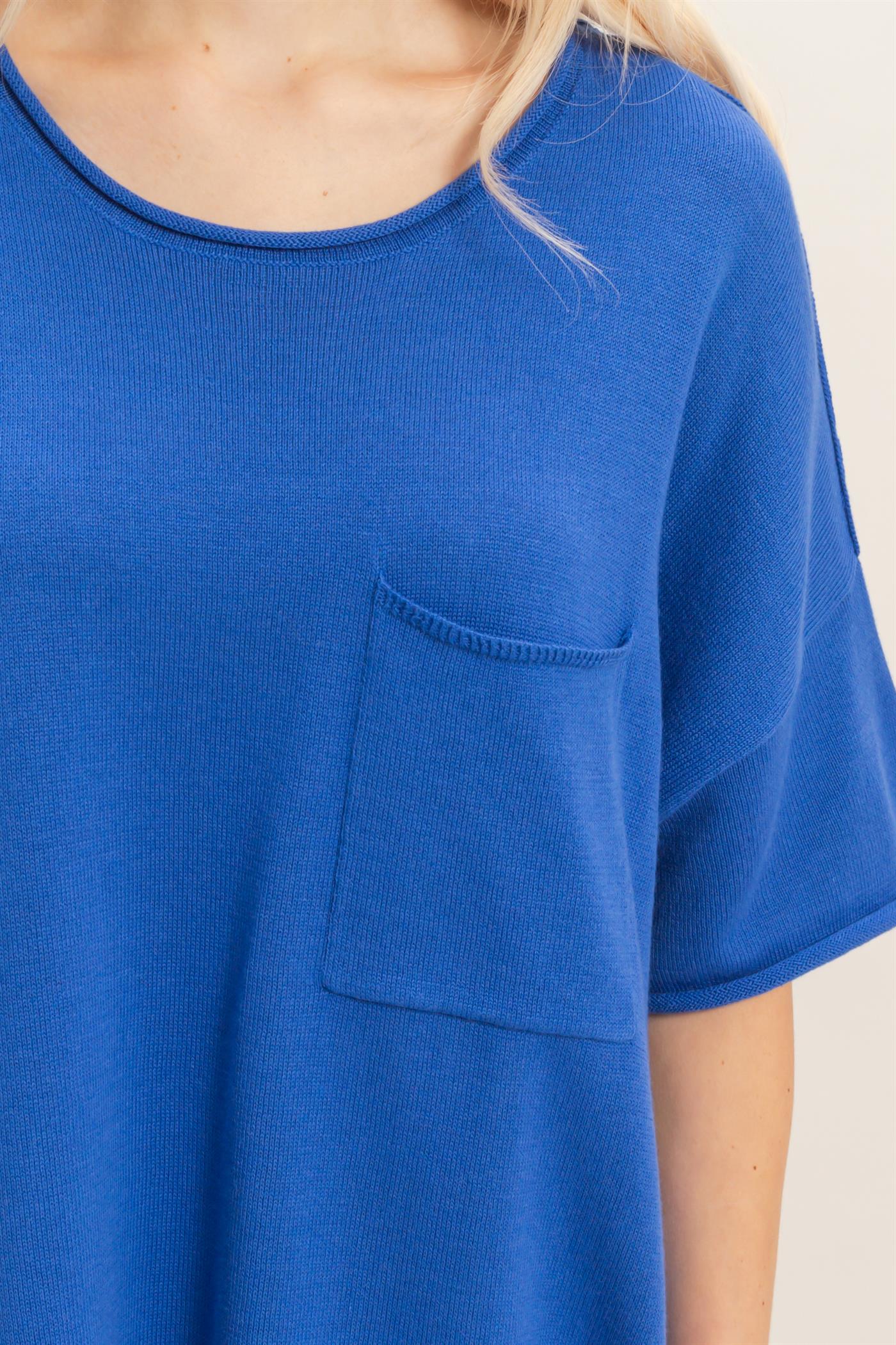 Wholesale Oversized Short Sleeve Round Neck Pocket Knit Top Clothing Tops DZ26A691 COBALT DOUBLE ZERO
