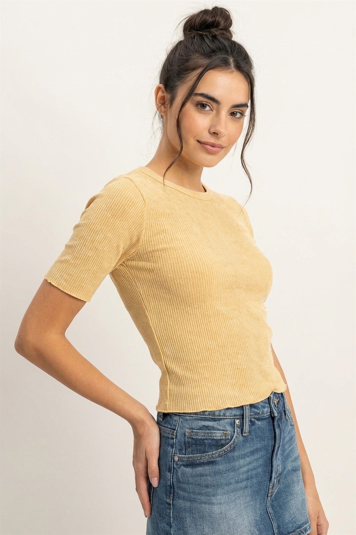 Wholesale Ribbed Short Sleeve Top Clothing Tops DZ24C197 SAND DOUBLE ZERO