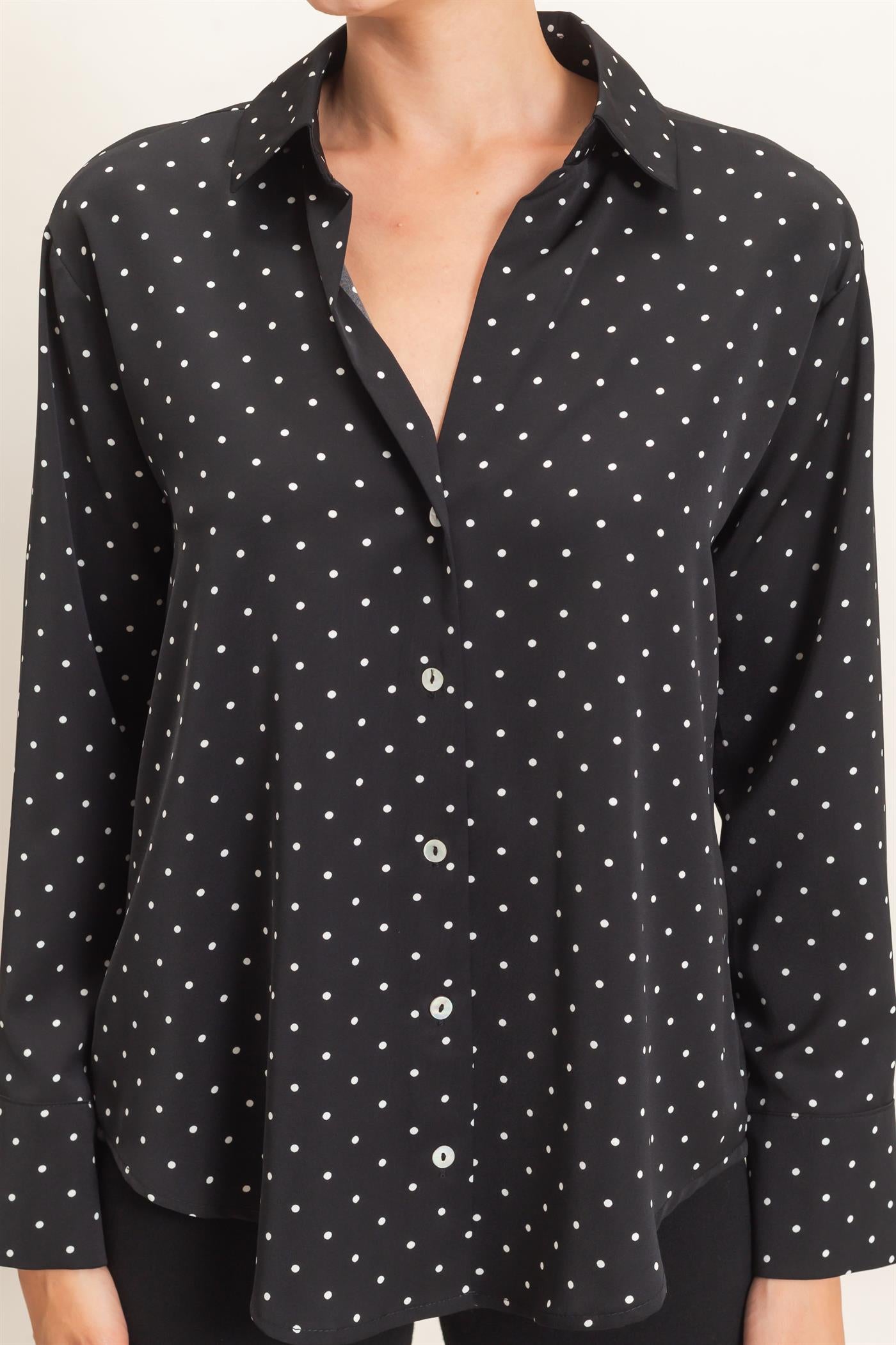 Wholesale Button-Up Polka Dot Shirt Shirts HF26F401 BLACK HYFVE