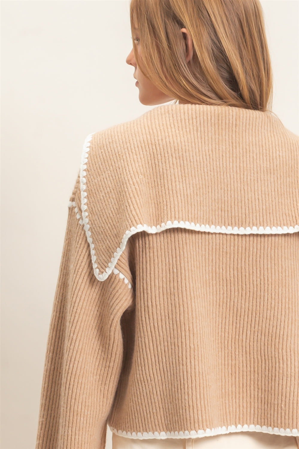 Wholesale Collared Cardigan Sweater With Picot Trim Cardigans HF26E897 TAUPE HYFVE