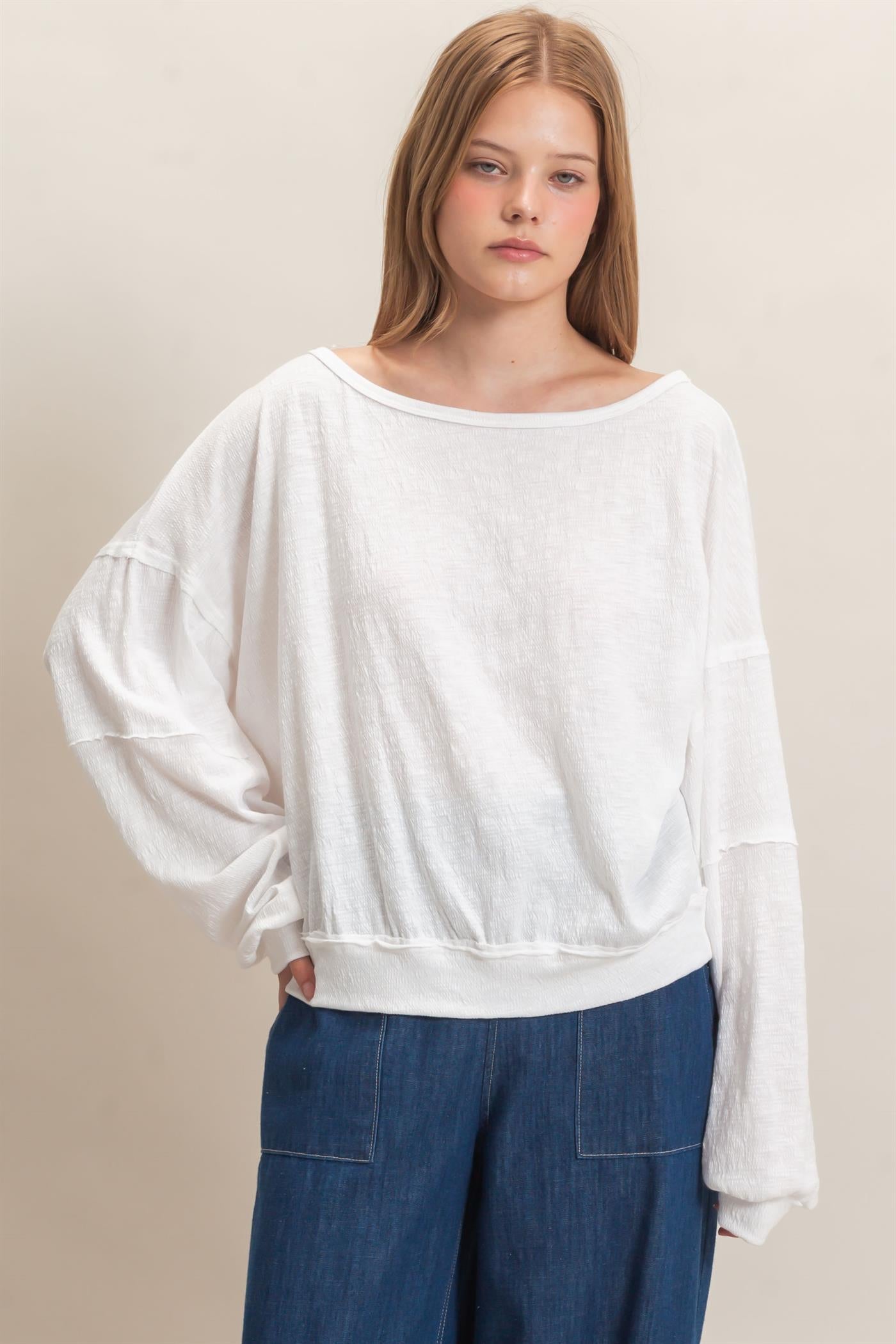 Wholesale Relaxed Boat Neck Long Sleeve Top Clothing Tops HF25F340 WHITE HYFVE