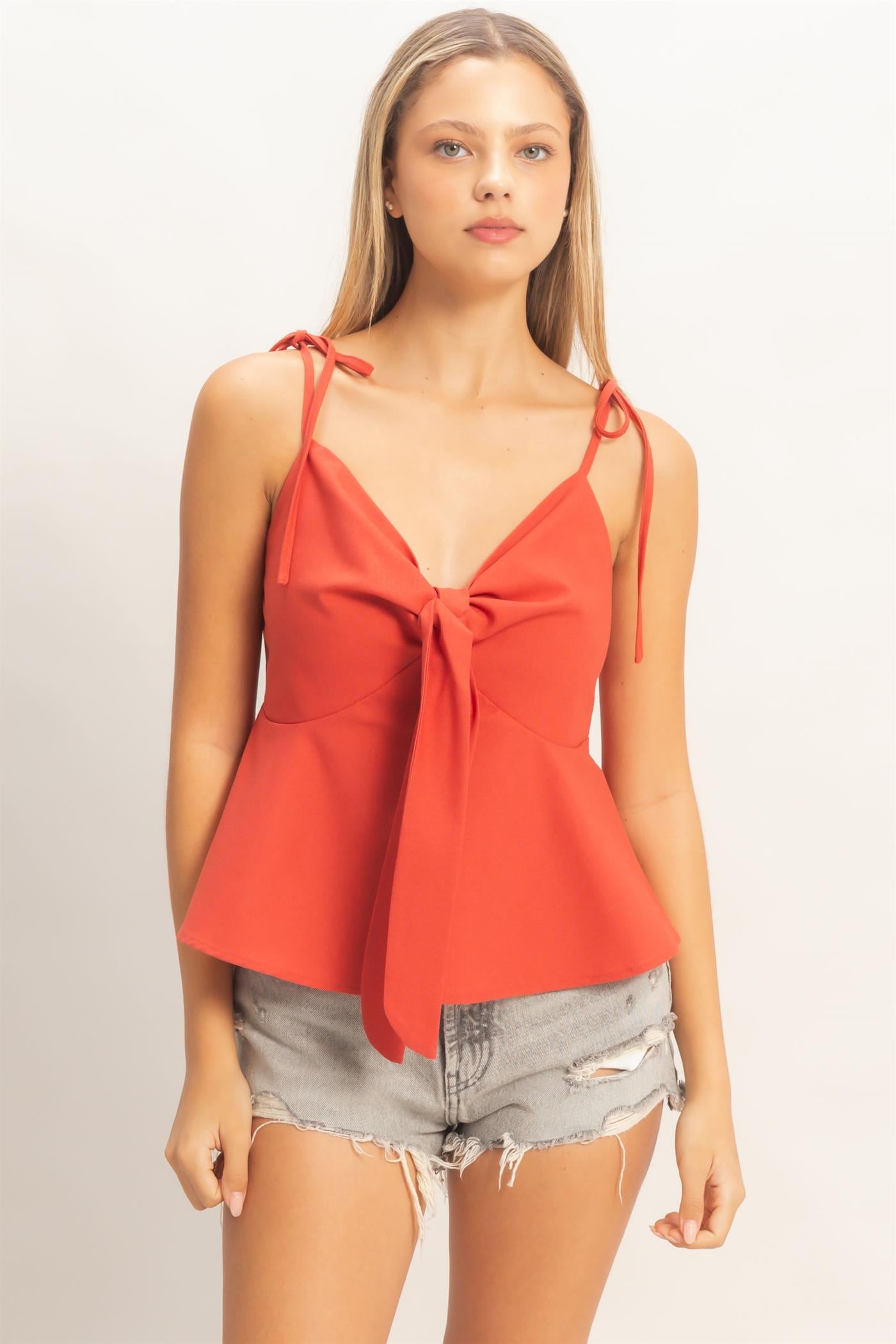 Wholesale Tie Front Spaghetti Strap Top Clothing Tops HF26A339 TOMATO HYFVE