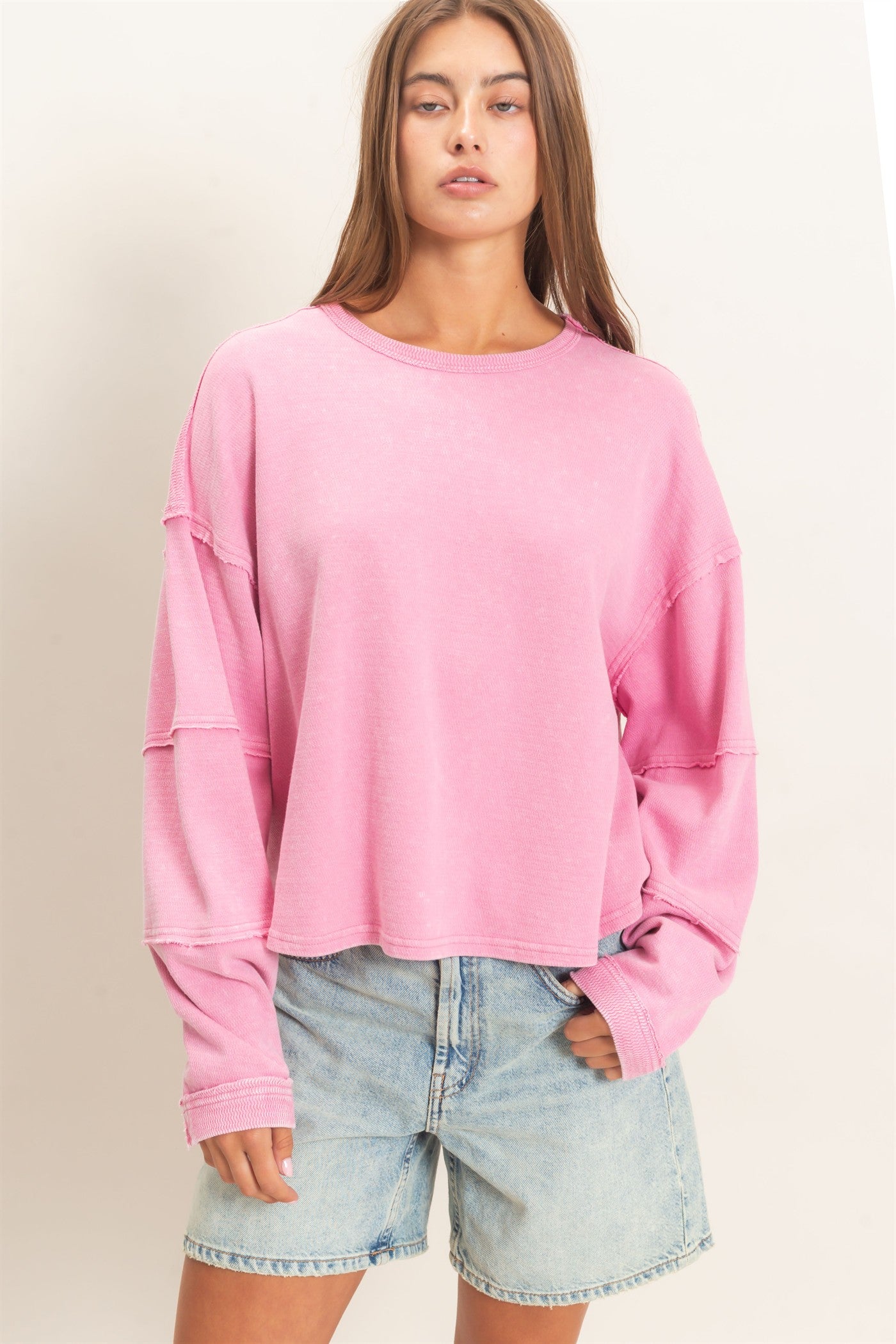 Wholesale Mineral Wash Overzised Raw Edge Crew Neck Top Clothing Tops DZ26E449 PINK DOUBLE ZERO