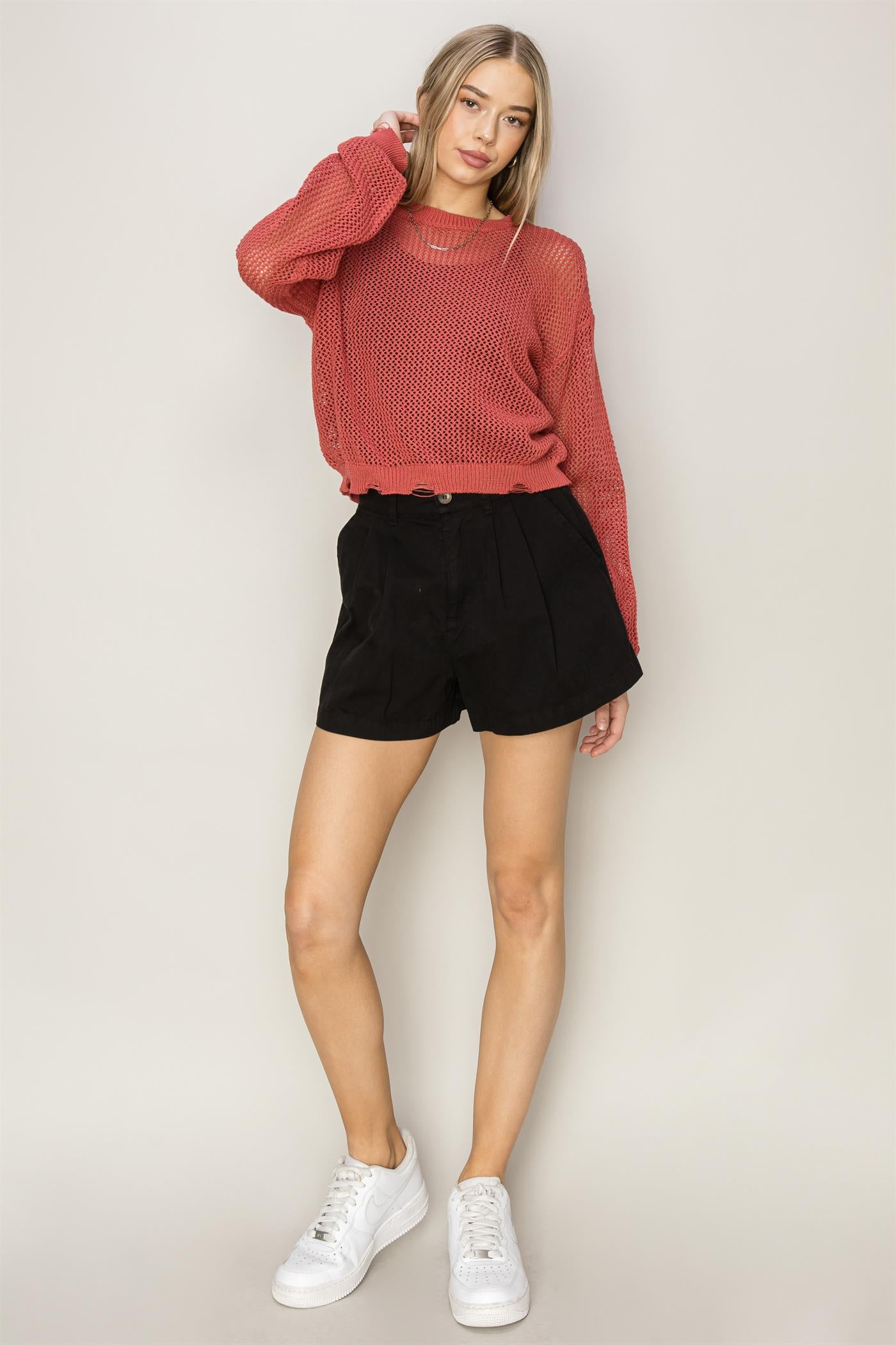 Wholesale Distressed Knit Sweater Clothing Tops DZ24C038 BRICK DOUBLE ZERO