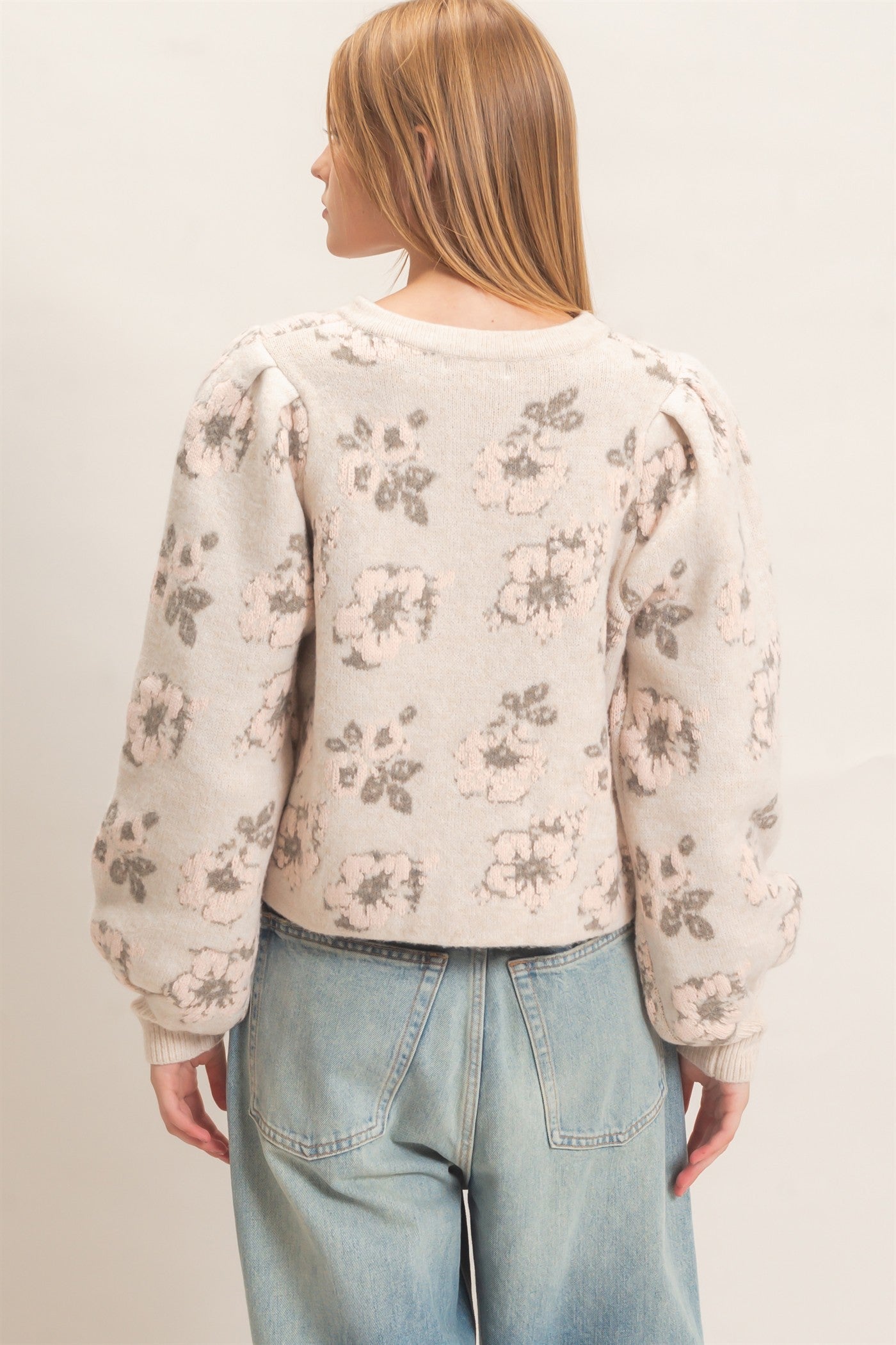 Wholesale Floral Jacquard Ruffle Placket Cardigan Cardigans HF26F148 BEIGE HYFVE
