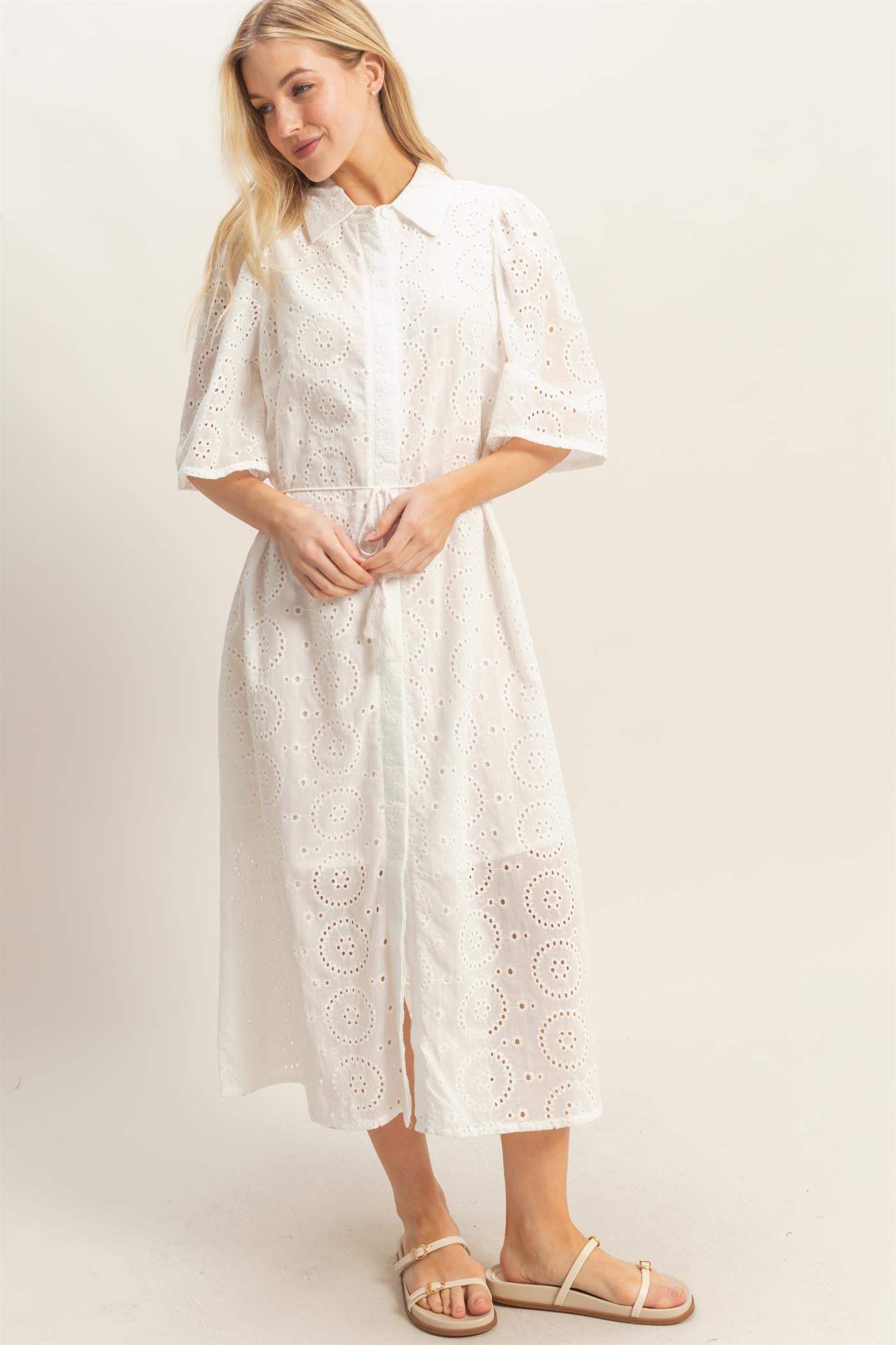 Wholesale Eyelet Collared Midi Dress Dresses HF26A021 WHITE HYFVE
