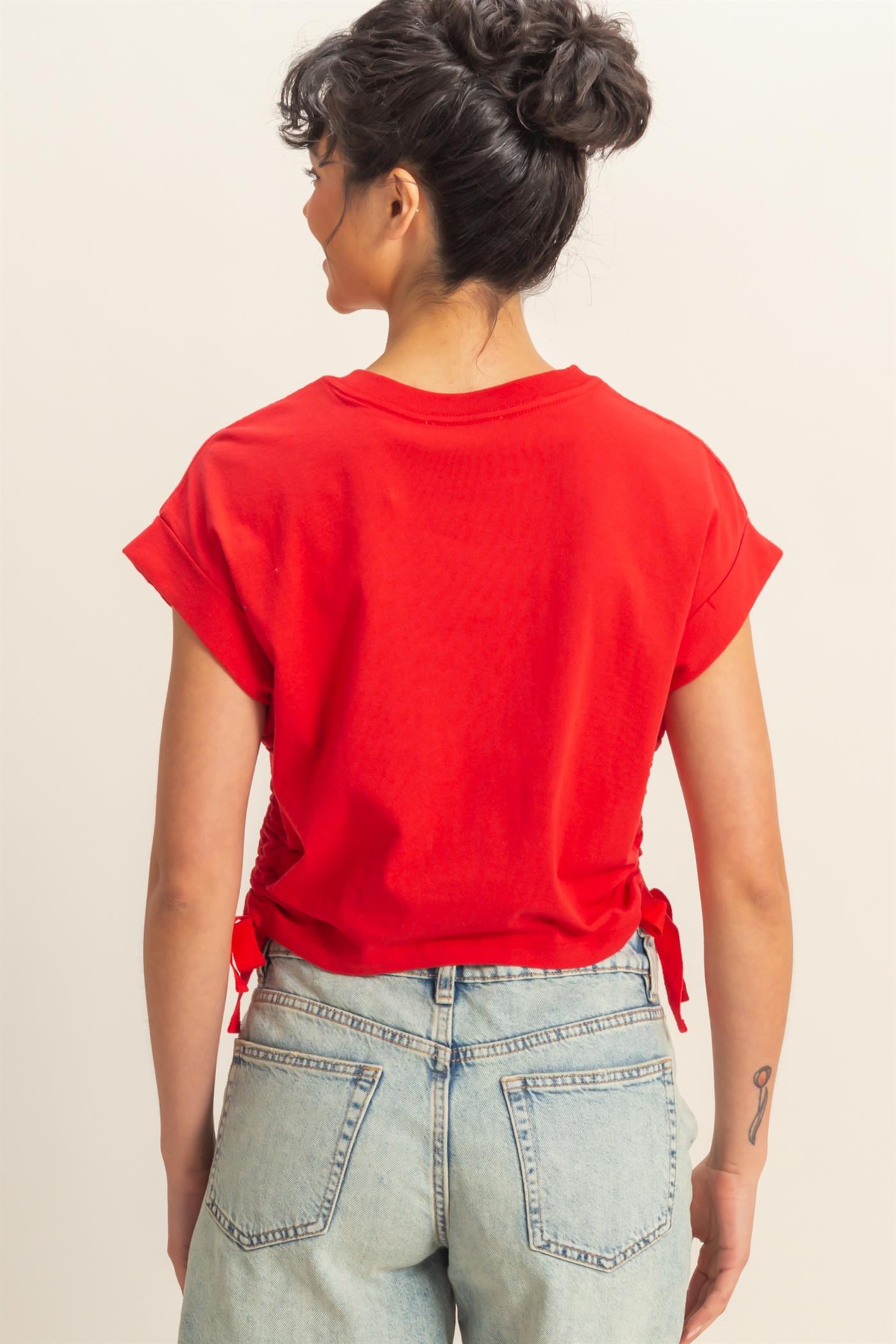 Wholesale Short Sleeve Side Tie Detail Top Clothing Tops DZ25C113 RED DOUBLE ZERO