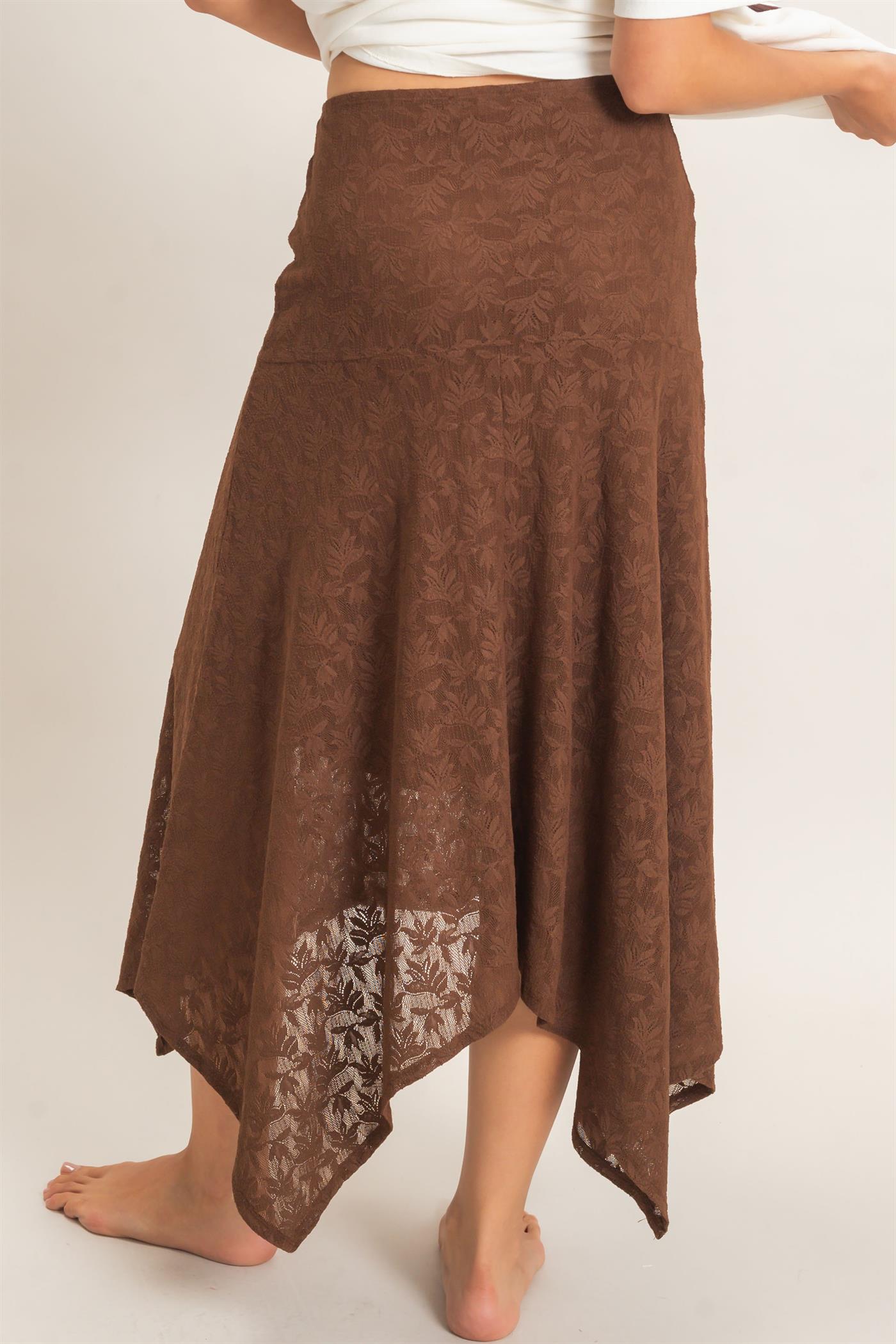 Wholesale Floral Lace Hanky Hem Skirt Skirts HF26E371 BROWN HYFVE
