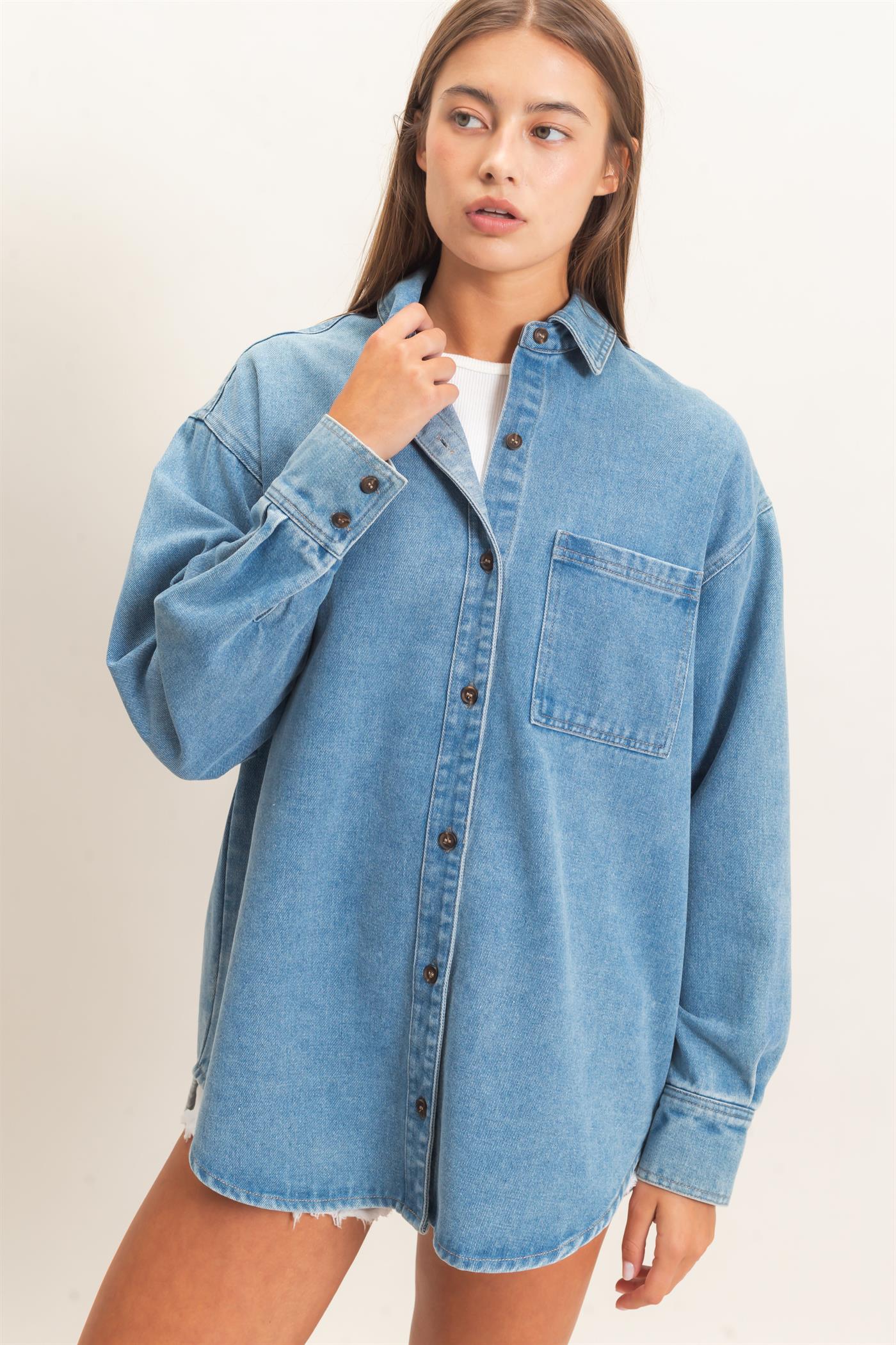 Wholesale Denim Button-Up Collar Shirt Clothing Tops DZ26F410 MEDIUM BLUE DOUBLE ZERO