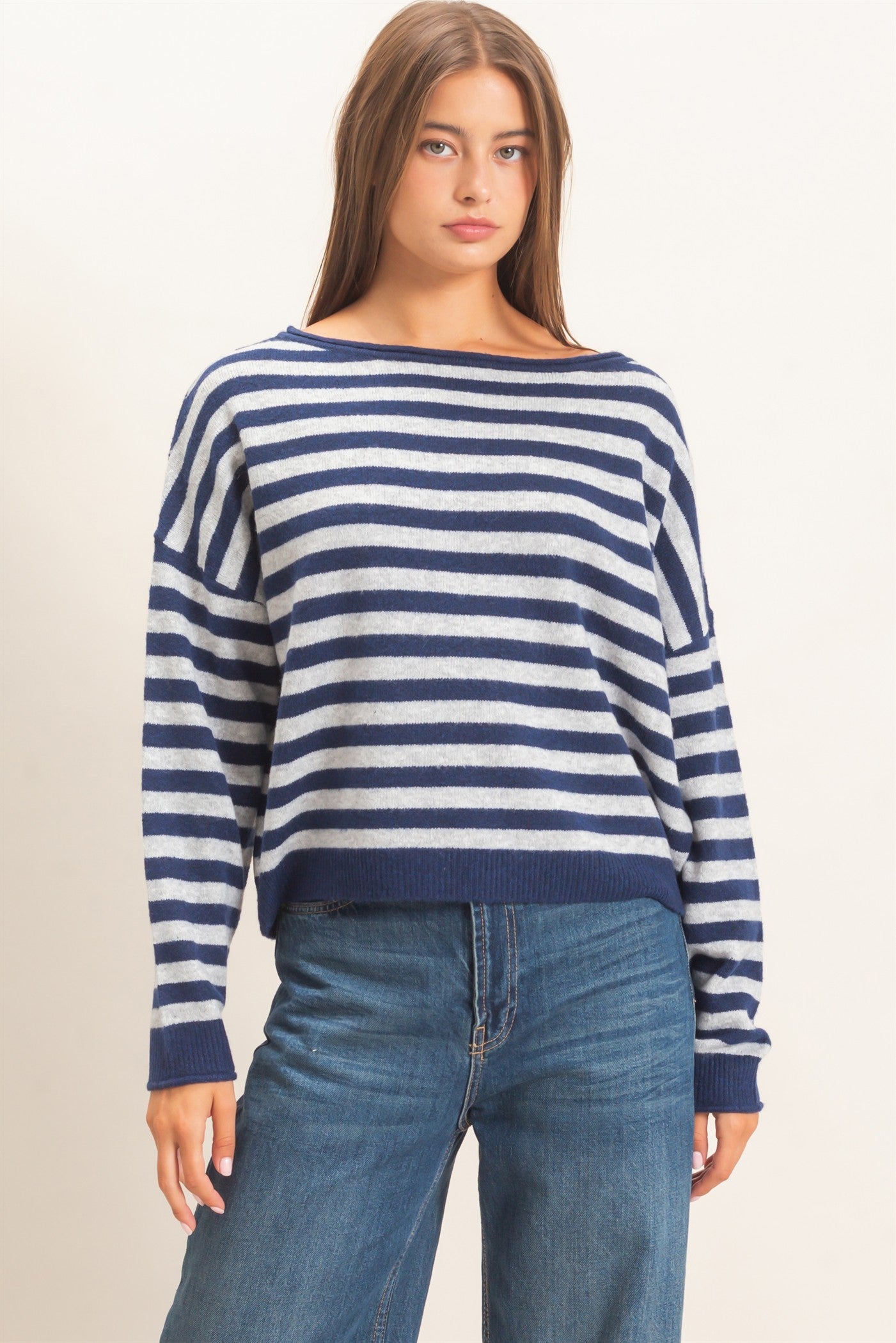 Wholesale Off The Shoulder Striped Sweater Sweaters DZ26E653 NAVY DOUBLE ZERO