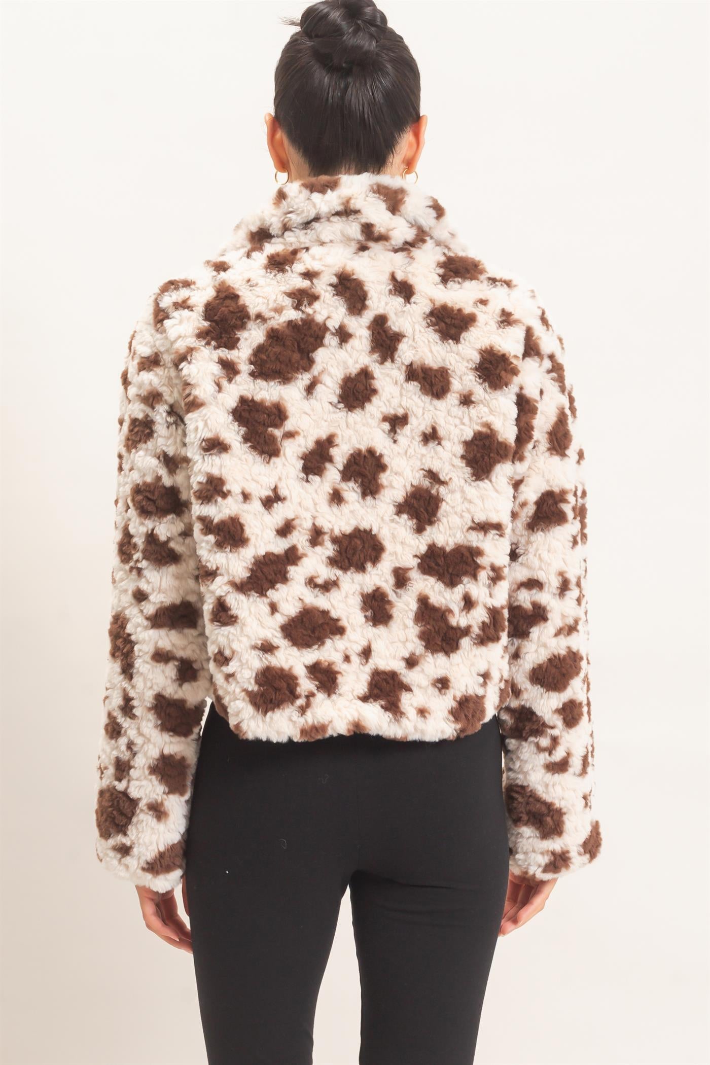 Wholesale Cow Print Faux Fur Zip-Up Jacket Coats & Jackets HF26F056 BROWN HYFVE
