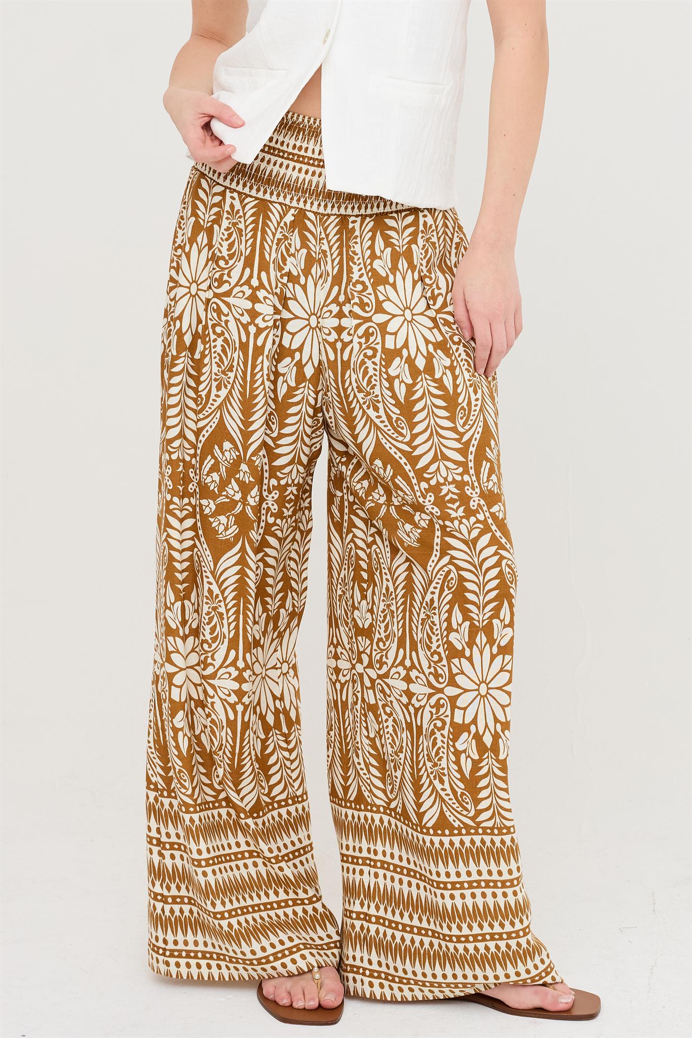 Wholesale Smocked Waist Floral Pants Pants HF26C161-D BROWN HYFVE