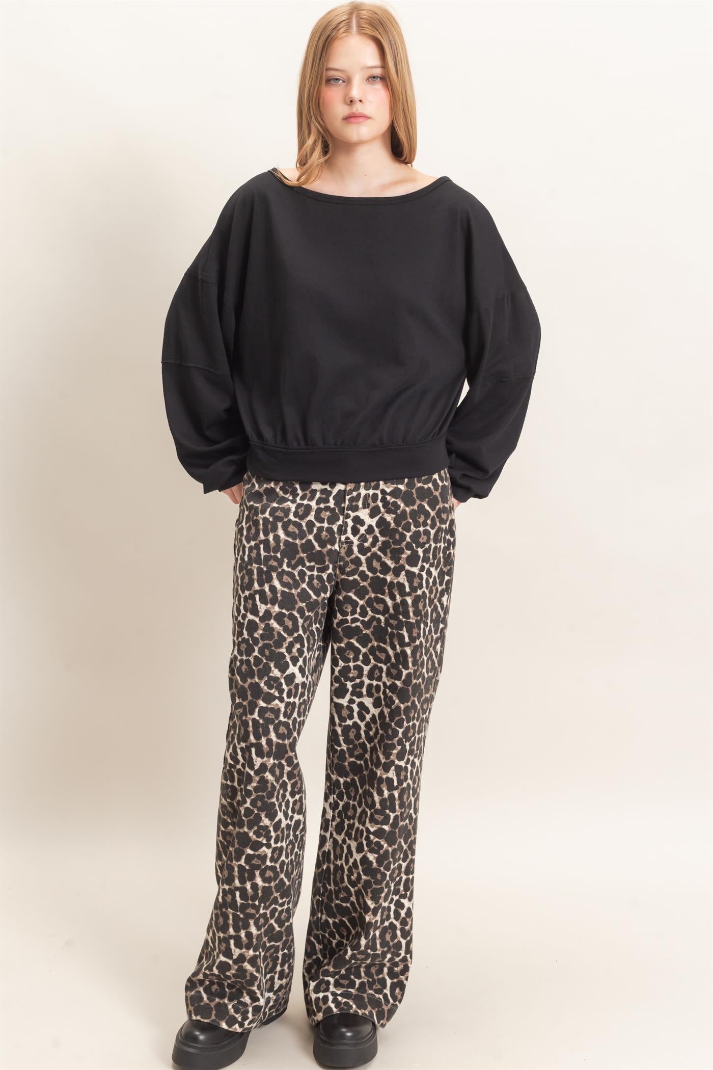 Wholesale Relaxed Boat Neck Long Sleeve Top Clothing Tops HF25F340 BLACK HYFVE