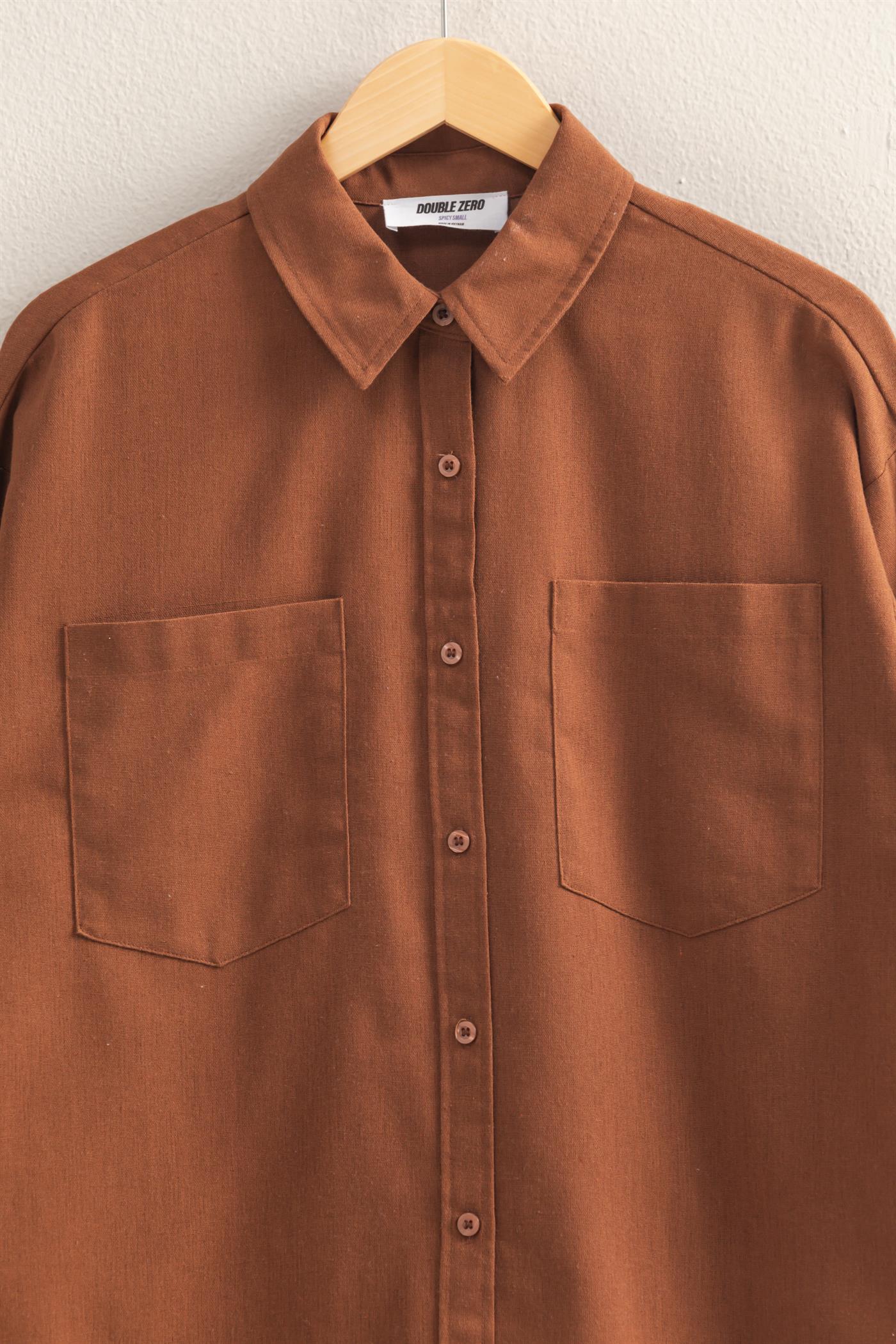 Wholesale Sand Washed Relaxed Long Sleeve Shirt Clothing Tops DZ24C609 CHESTNUT DOUBLE ZERO