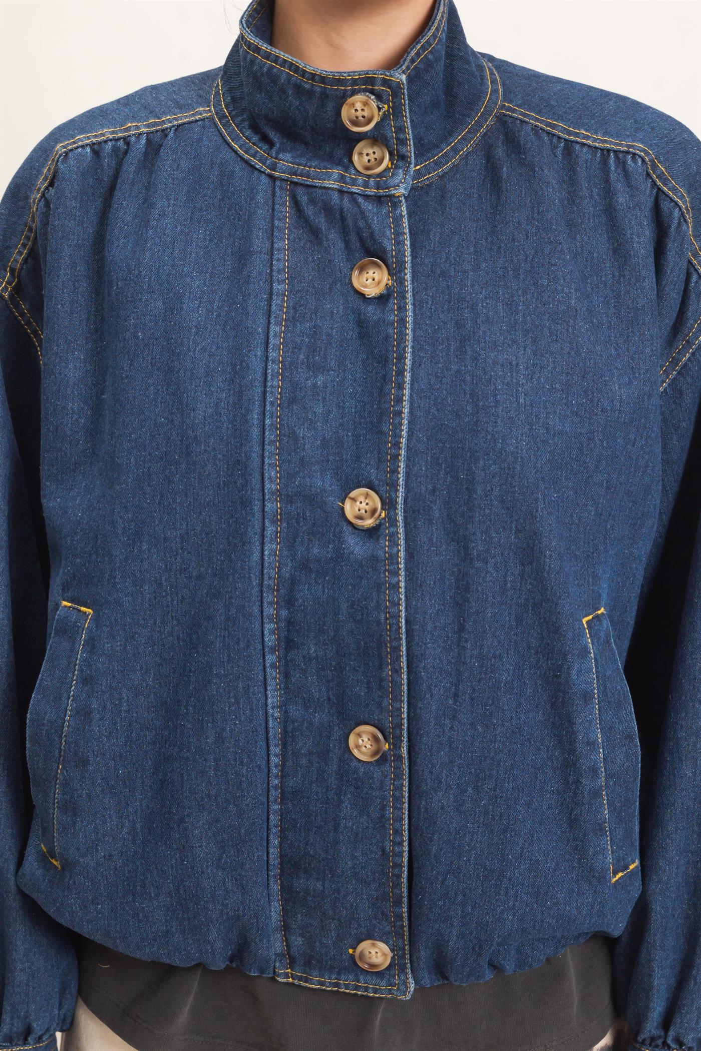 Wholesale High Collar Denim Bomber Jacket Coats & Jackets HF26E090-D DARK DENIM HYFVE