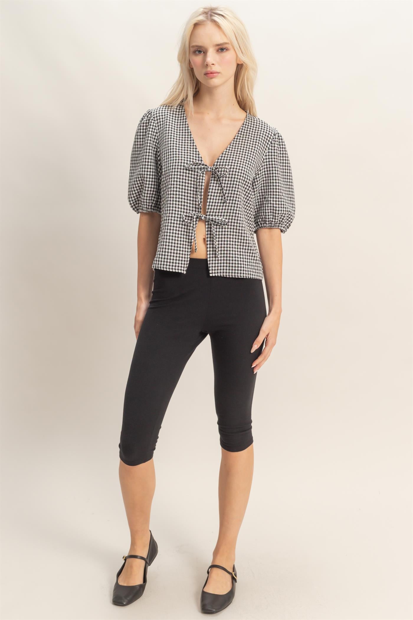 Wholesale Gingham Bow Tie Puff Sleeve Blouse Blouses DZ26C229 BLACK DOUBLE ZERO