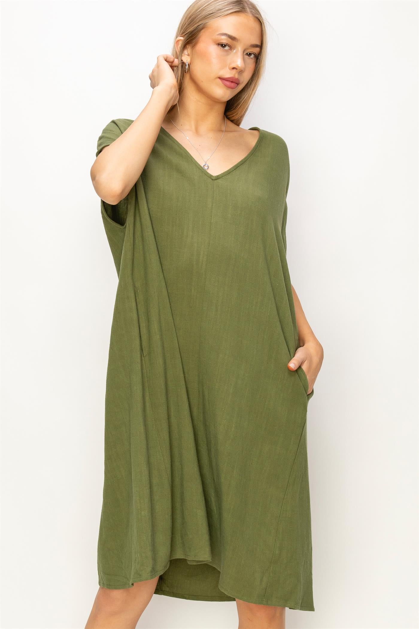 Wholesale V-Neck Oversized Linen Midi Dress Dresses DZ23E033-D MOSS DOUBLE ZERO