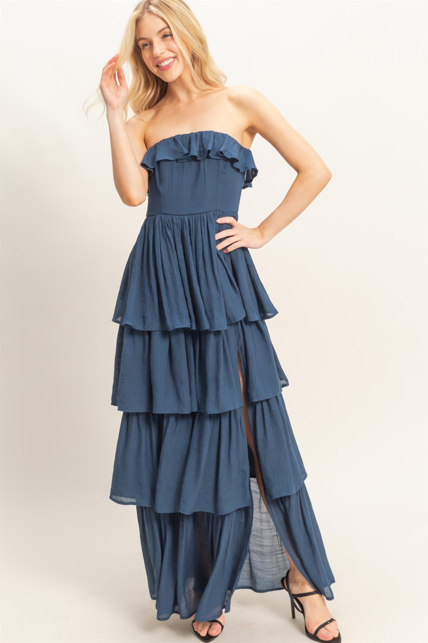 Wholesale Tiered Strapless Ruffle Dress Dresses HF26A616-D NAVY HYFVE
