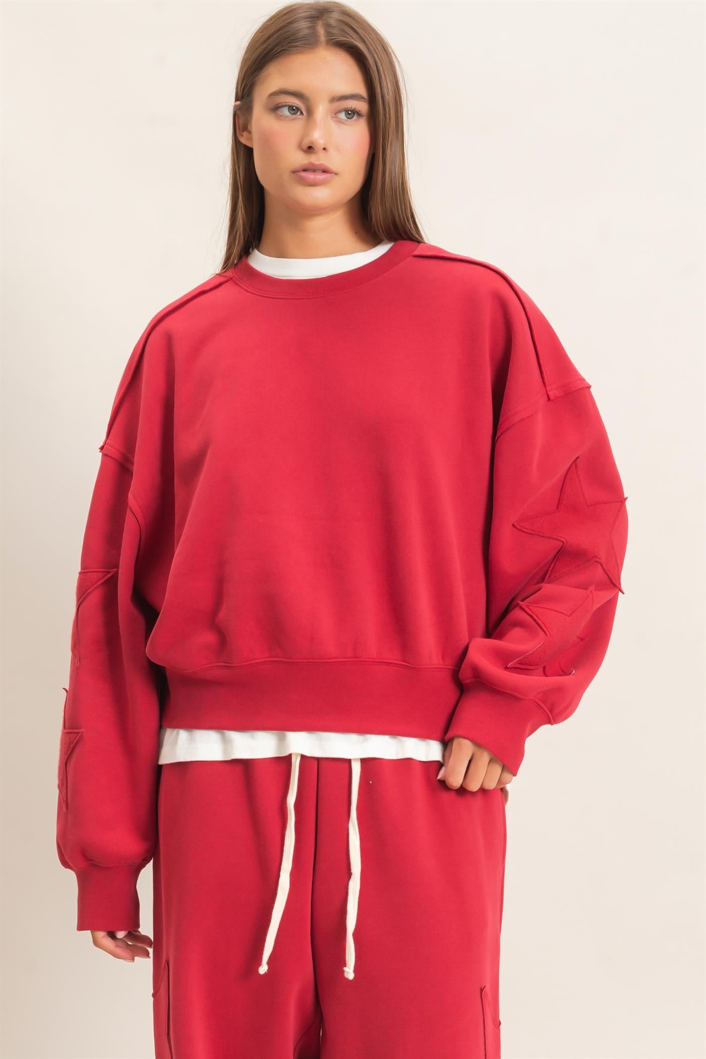 Wholesale Star Patch Sleeve Sweatshirt Sweatshirts DZ26E888 DARK RED DOUBLE ZERO
