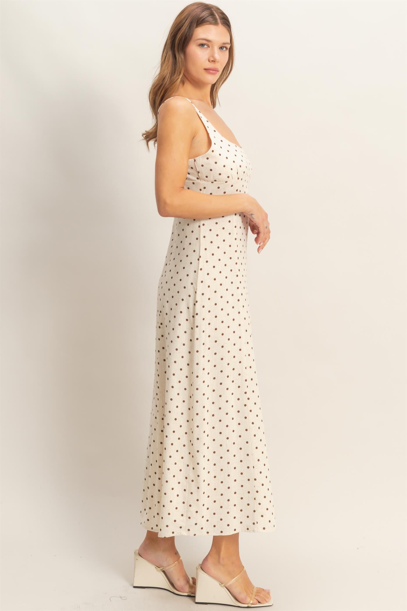 Wholesale Polka Dot Scoop Neck Midi Dress Dresses HF26C268-D OATMEAL HYFVE