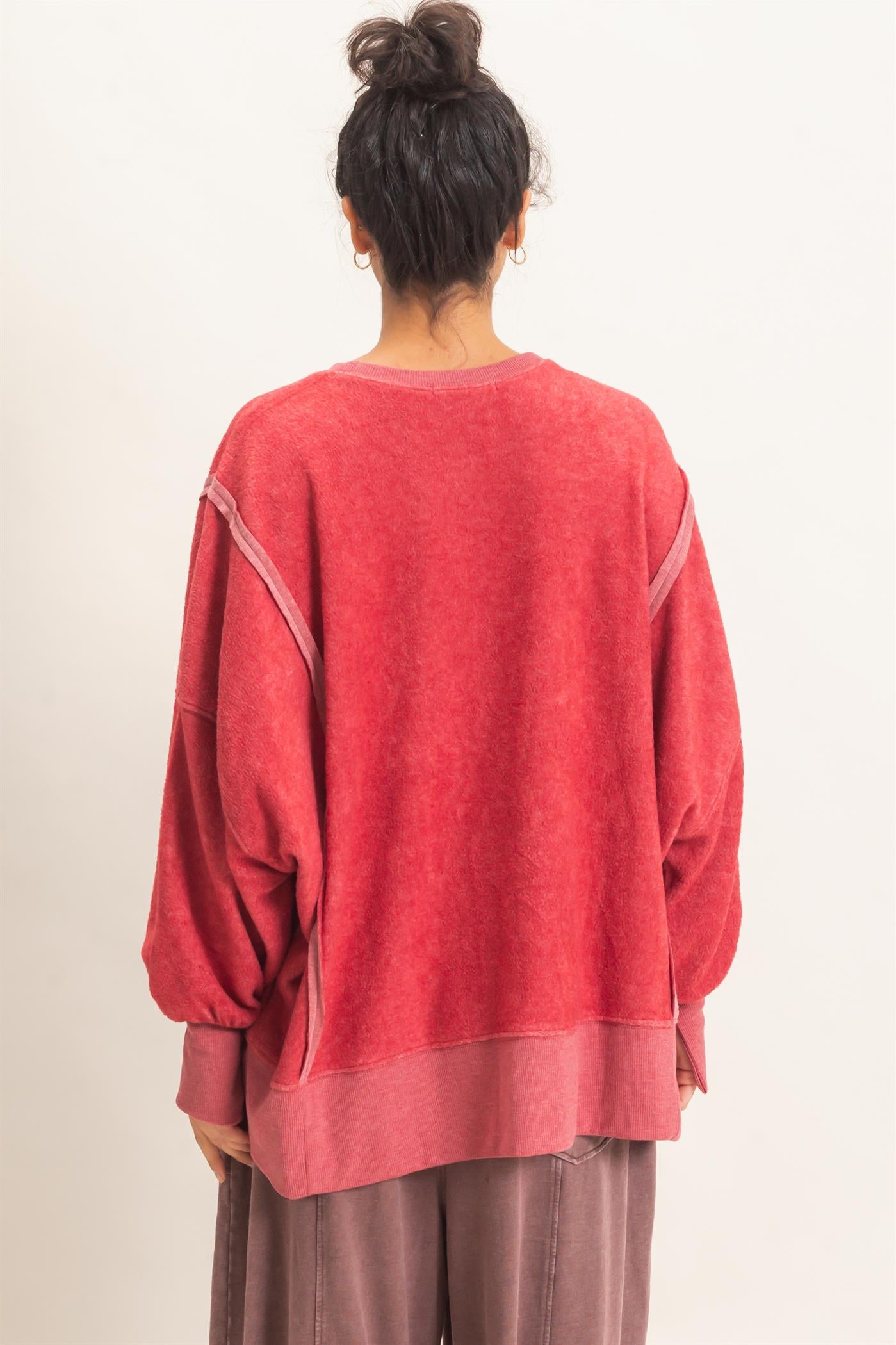 Wholesale Oversized Raw Edge Crew Neck Sweatshirt Sweatshirts DZ26E273 DARK RED DOUBLE ZERO