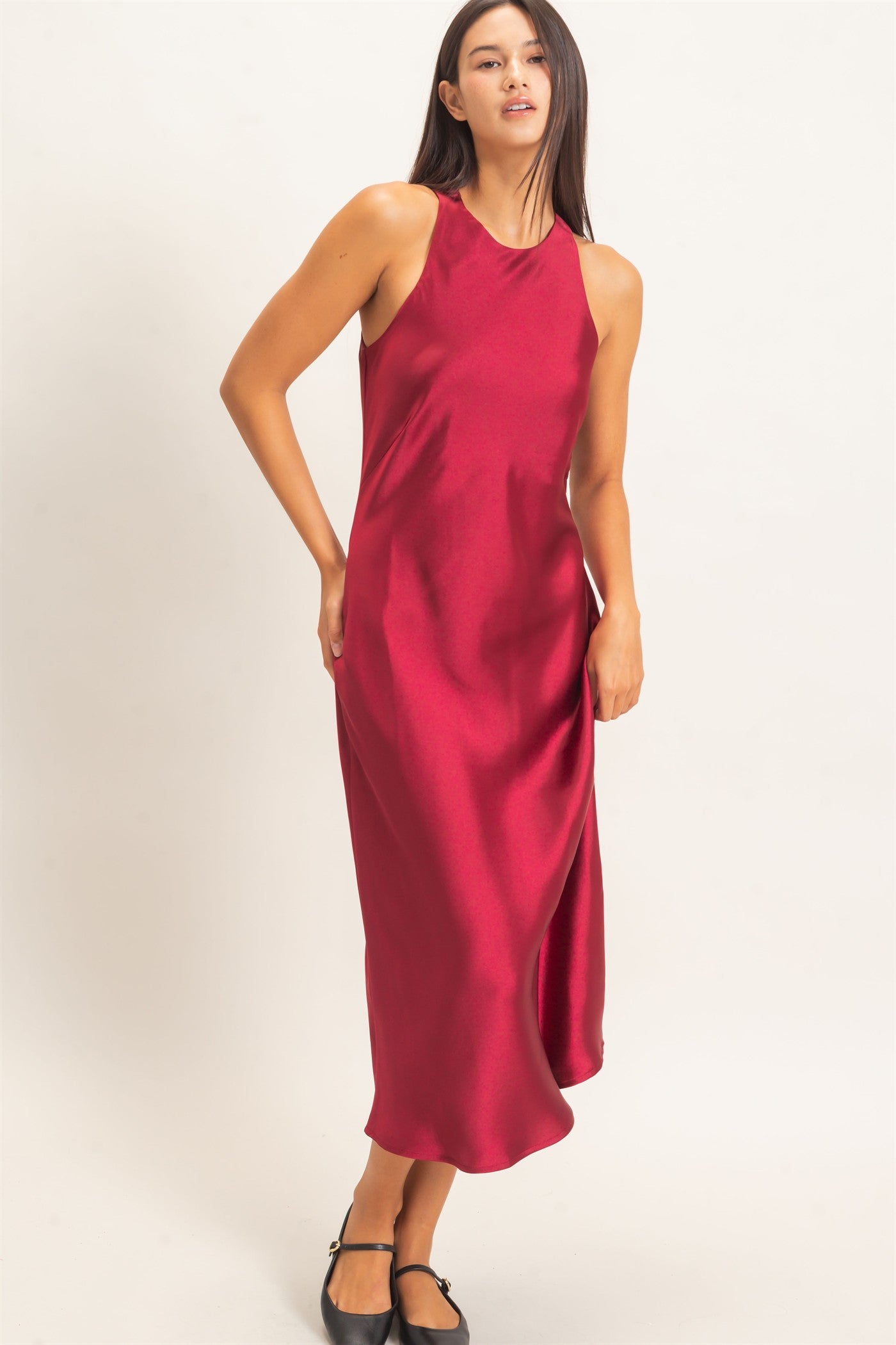 Wholesale Sleeveless Satin Midi Dress Dresses DZ26E257 BURGUNDY DOUBLE ZERO