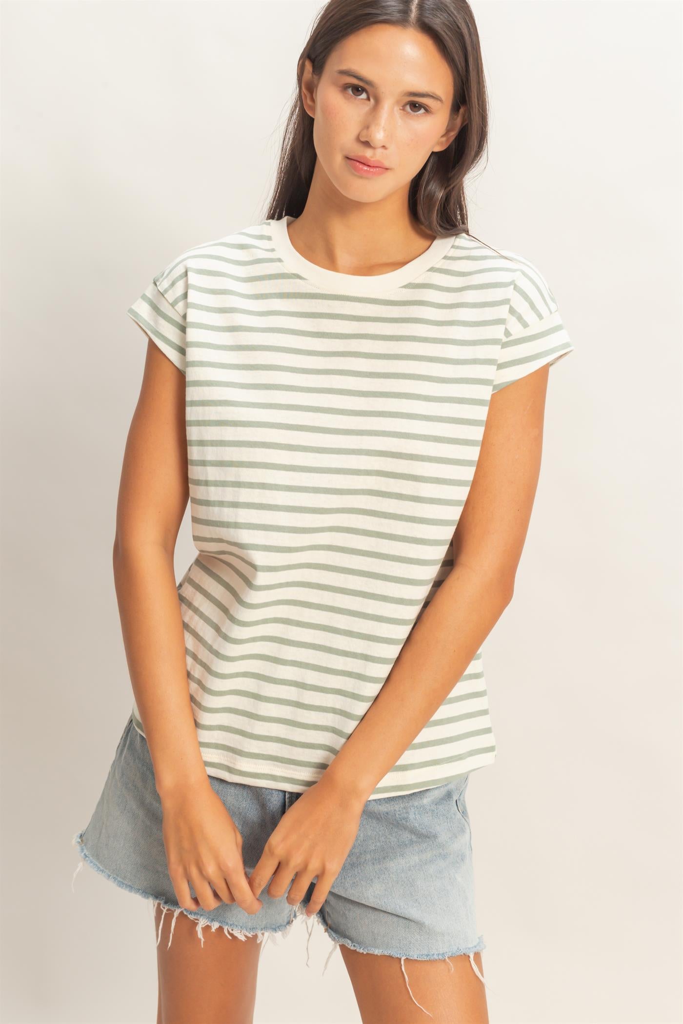 Wholesale Striped Cap Sleeve Relaxed Everyday Tee Clothing Tops DZ26C059 SAGE GREEN DOUBLE ZERO