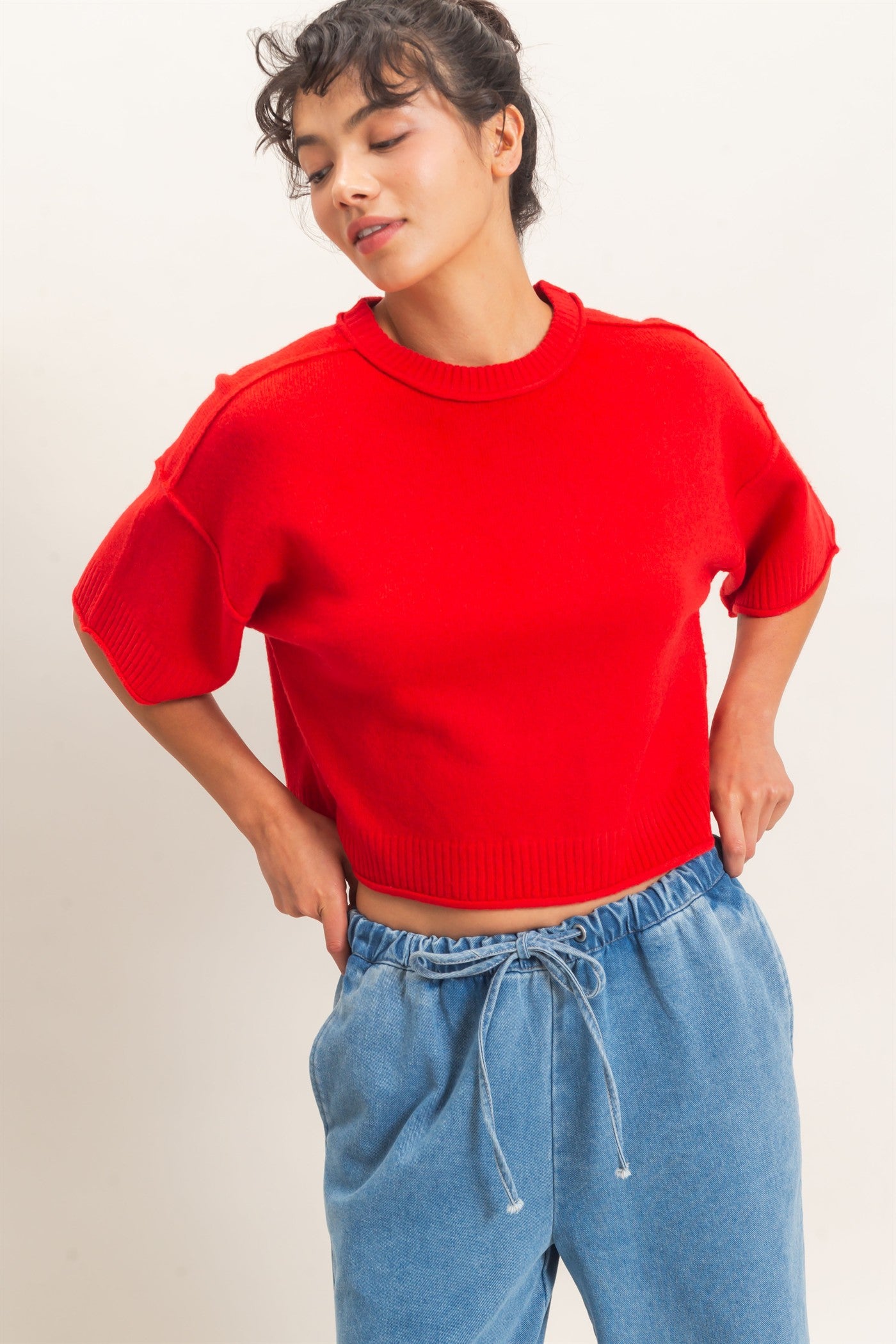 Wholesale Seam Detail Short Sleeve Knit Top Clothing Tops DZ26A827 RED DOUBLE ZERO