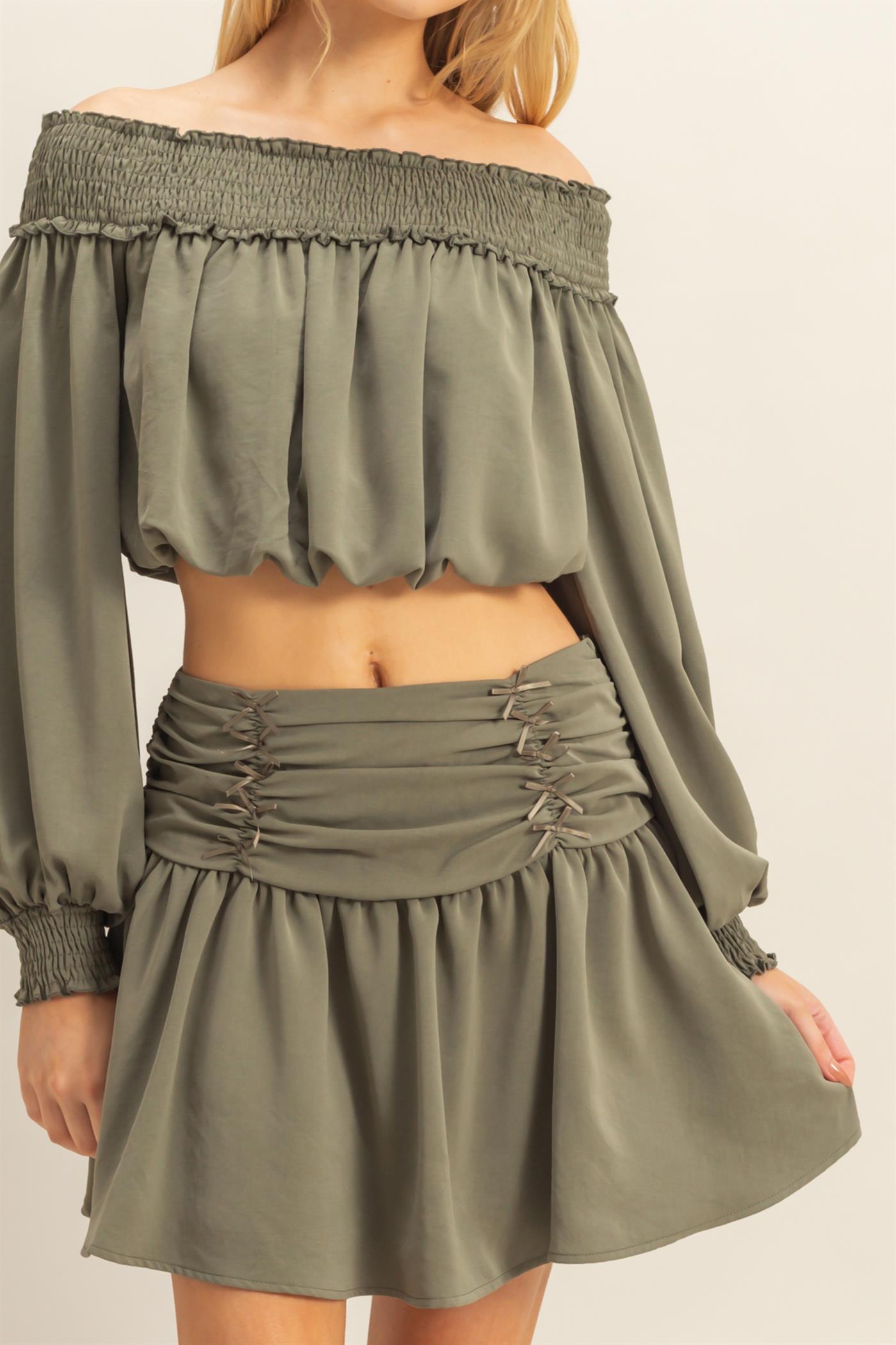 Wholesale Romantic Off Shoulder Top And Gathered Skirt Set Clothing HF25A243-SET OLIVE HYFVE