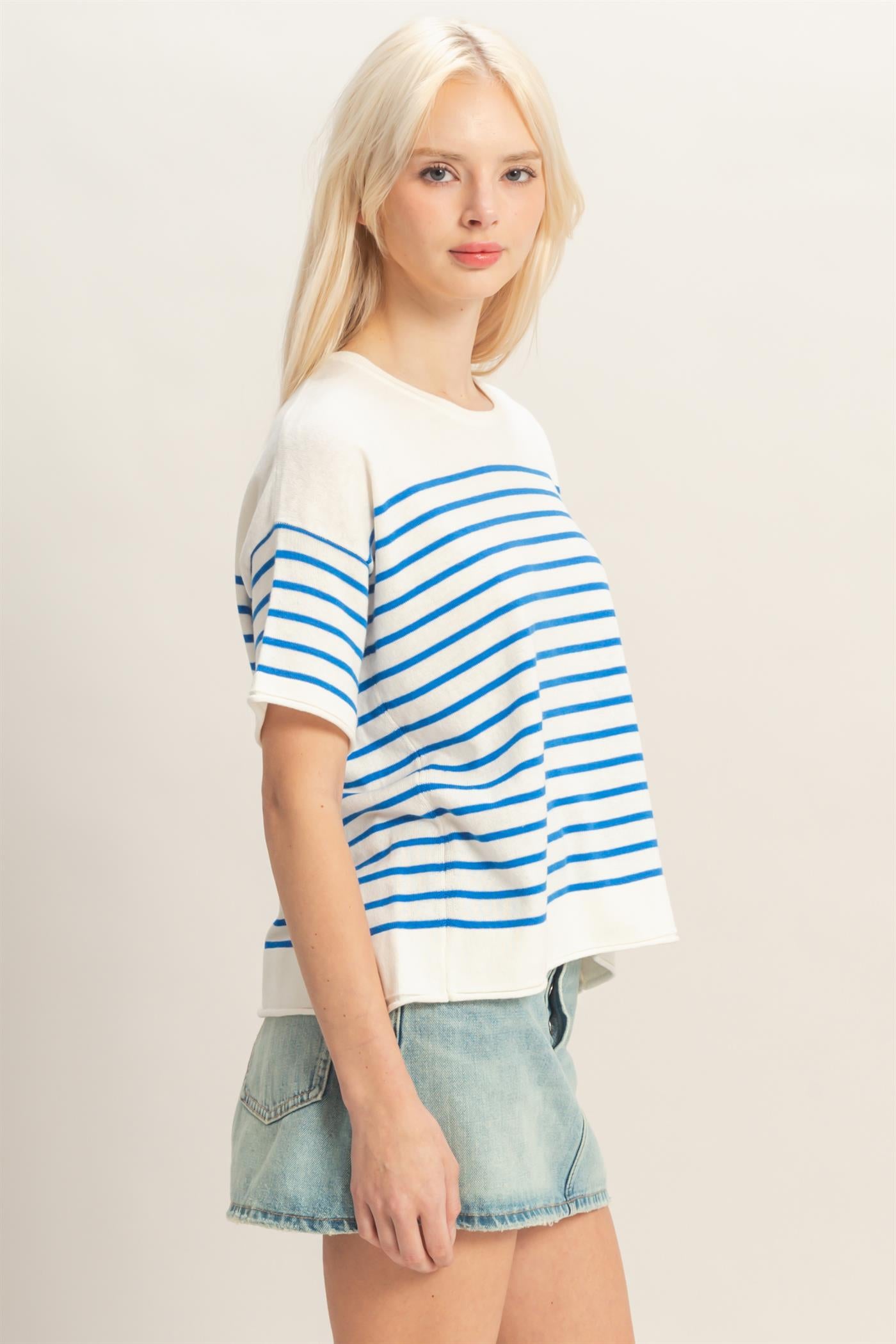 Wholesale Striped Short Sleeve Knit Top Clothing Tops DZ26A838 BLUE DOUBLE ZERO