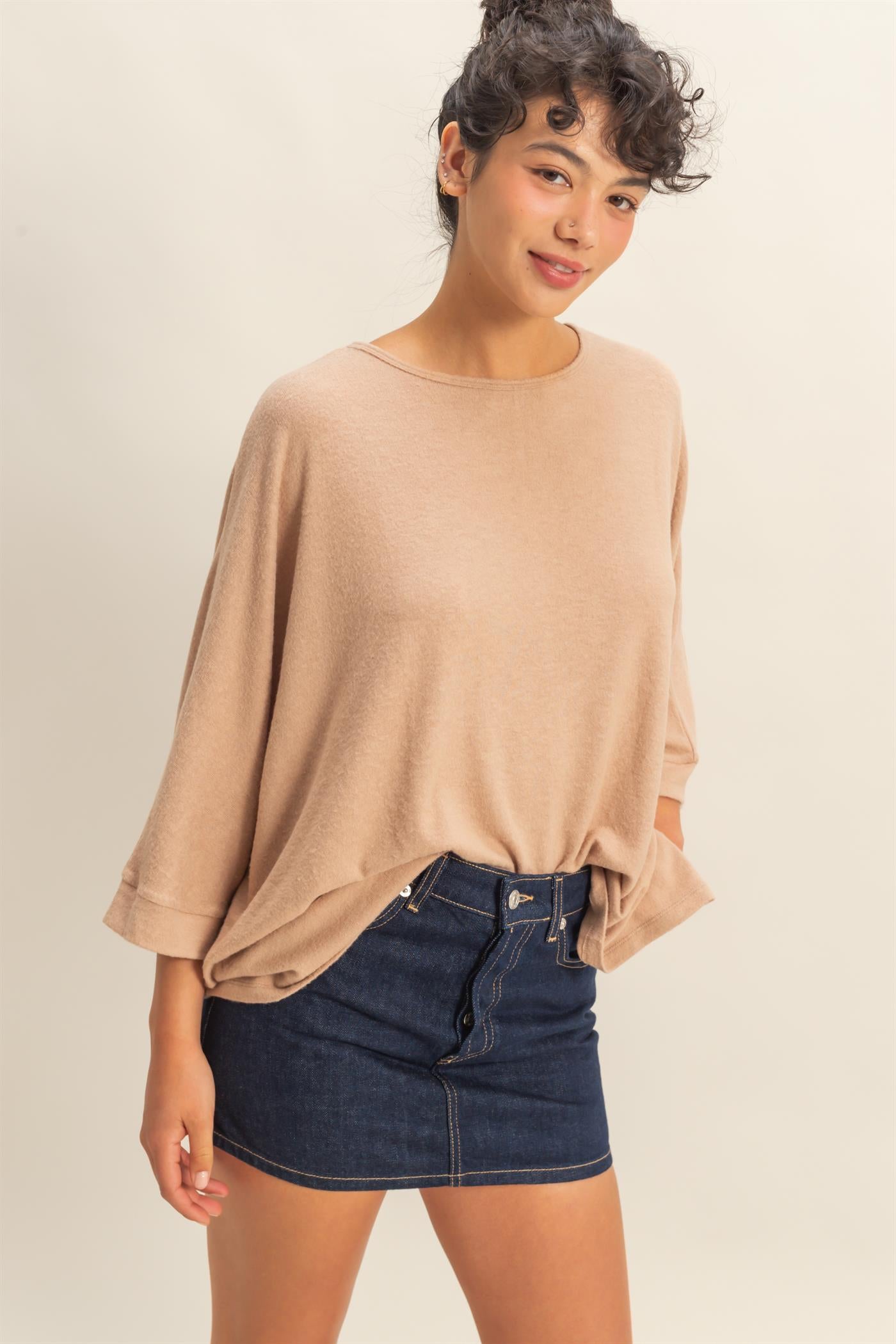 Wholesale Batwing 3/4 Sleeve Oversized Top Clothing Tops DZ25E133 DARK TAUPE DOUBLE ZERO