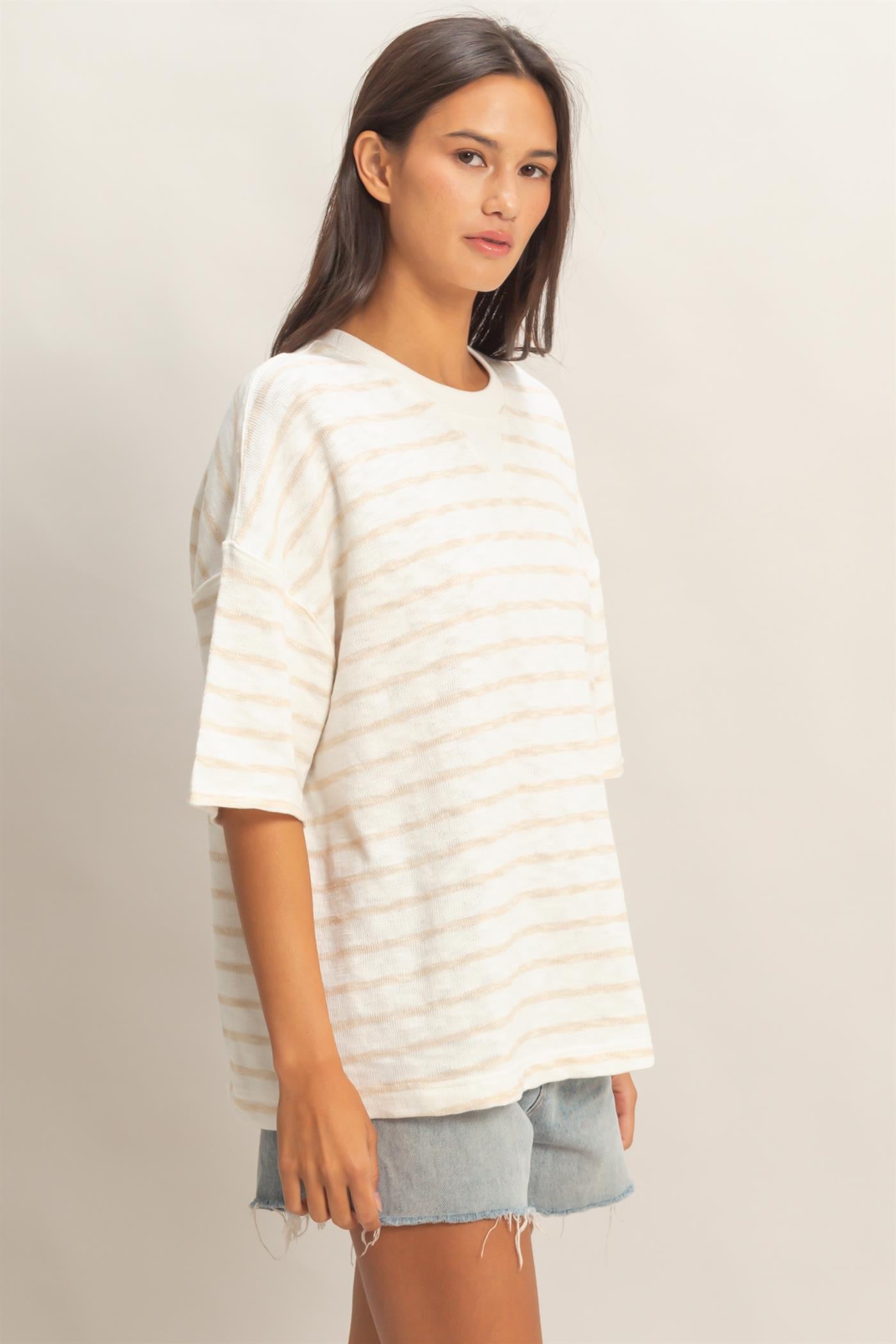 Wholesale Oversized Striped V-Stitch Short Sleeve Top Clothing Tops DZ26A455 TAUPE DOUBLE ZERO