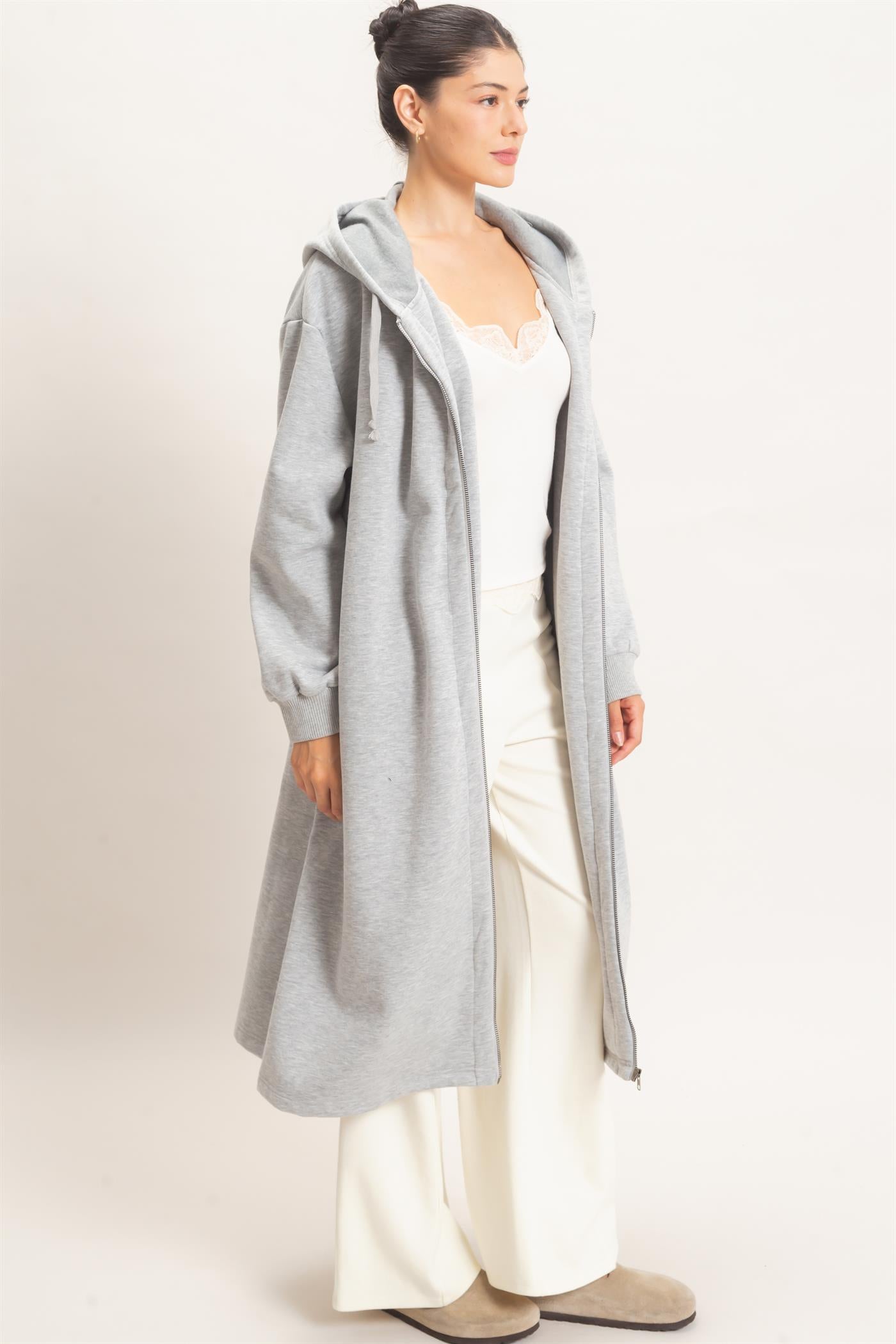 Wholesale Oversized Longline Zip-Up Hoodie Jacket Outerwear HF26E650 HEATHER GRAY HYFVE
