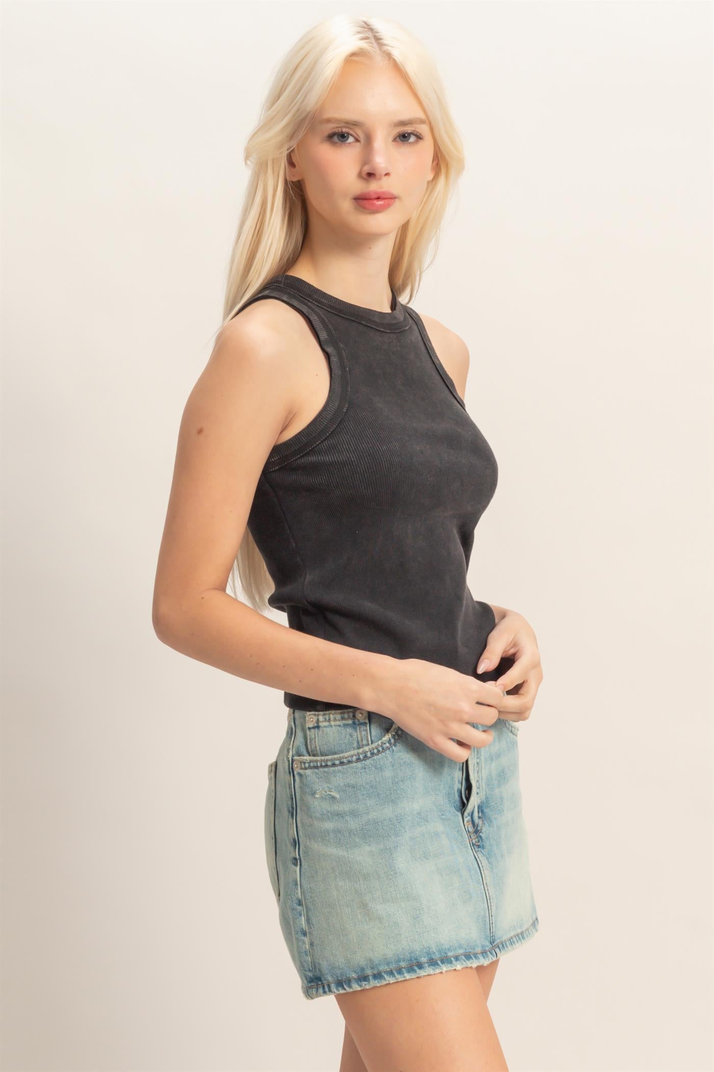 Wholesale Acid Washed Ribbed Tank Top Tank Tops DZ26A336 BLACK DOUBLE ZERO