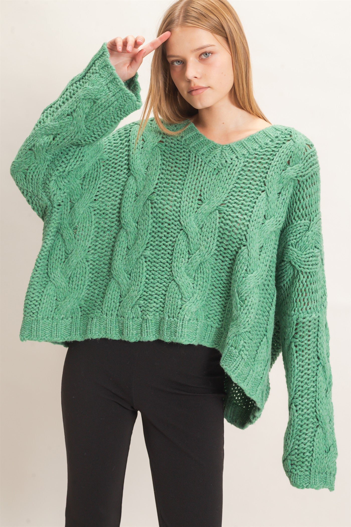 Wholesale Cable Knit V-Neck Sweater Sweaters HF26F175-D GREEN HYFVE