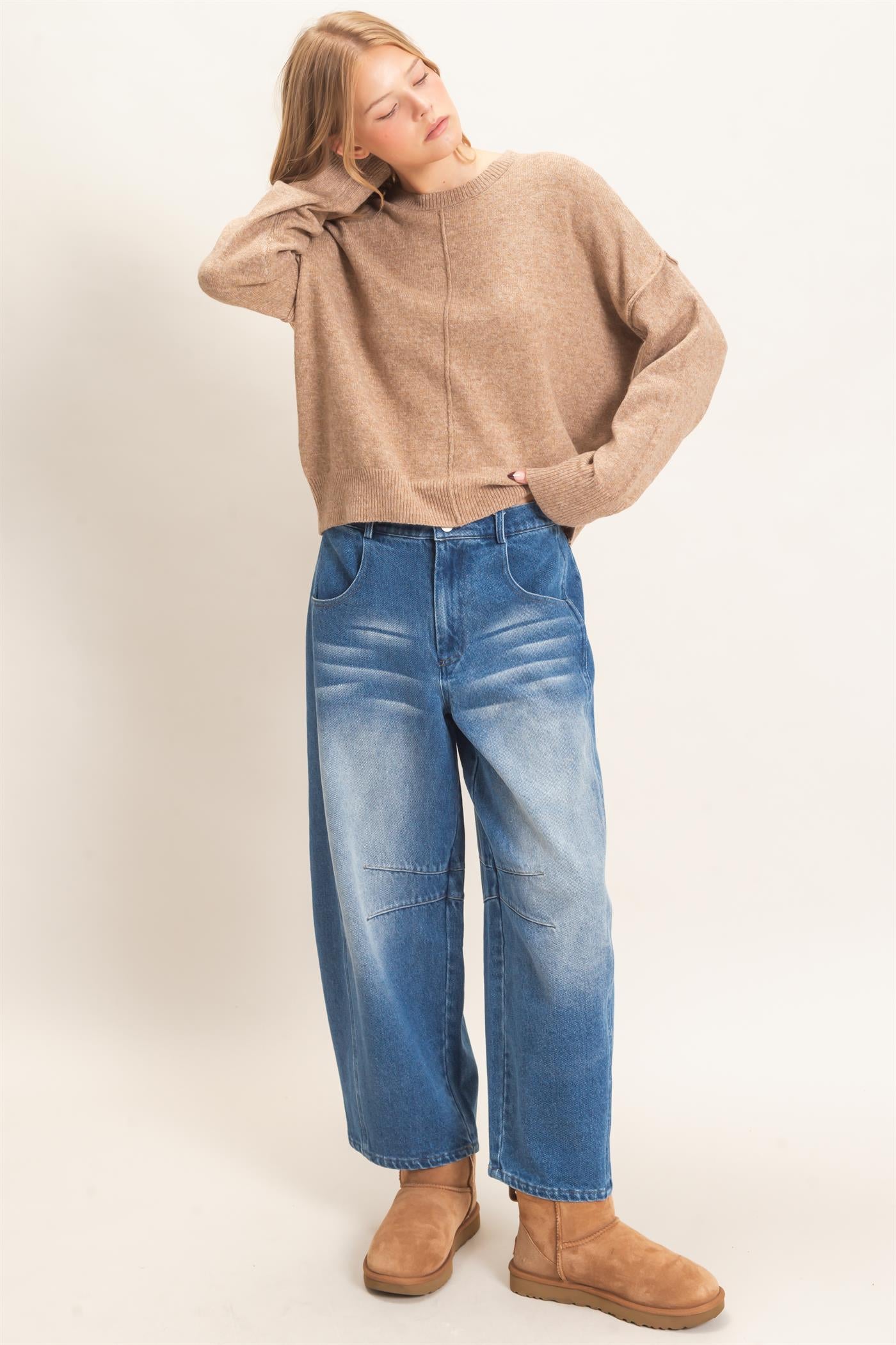 Wholesale Crew Neck Sweater With Ribbed Hem Sweaters HF26E203-D DARK TAUPE HYFVE