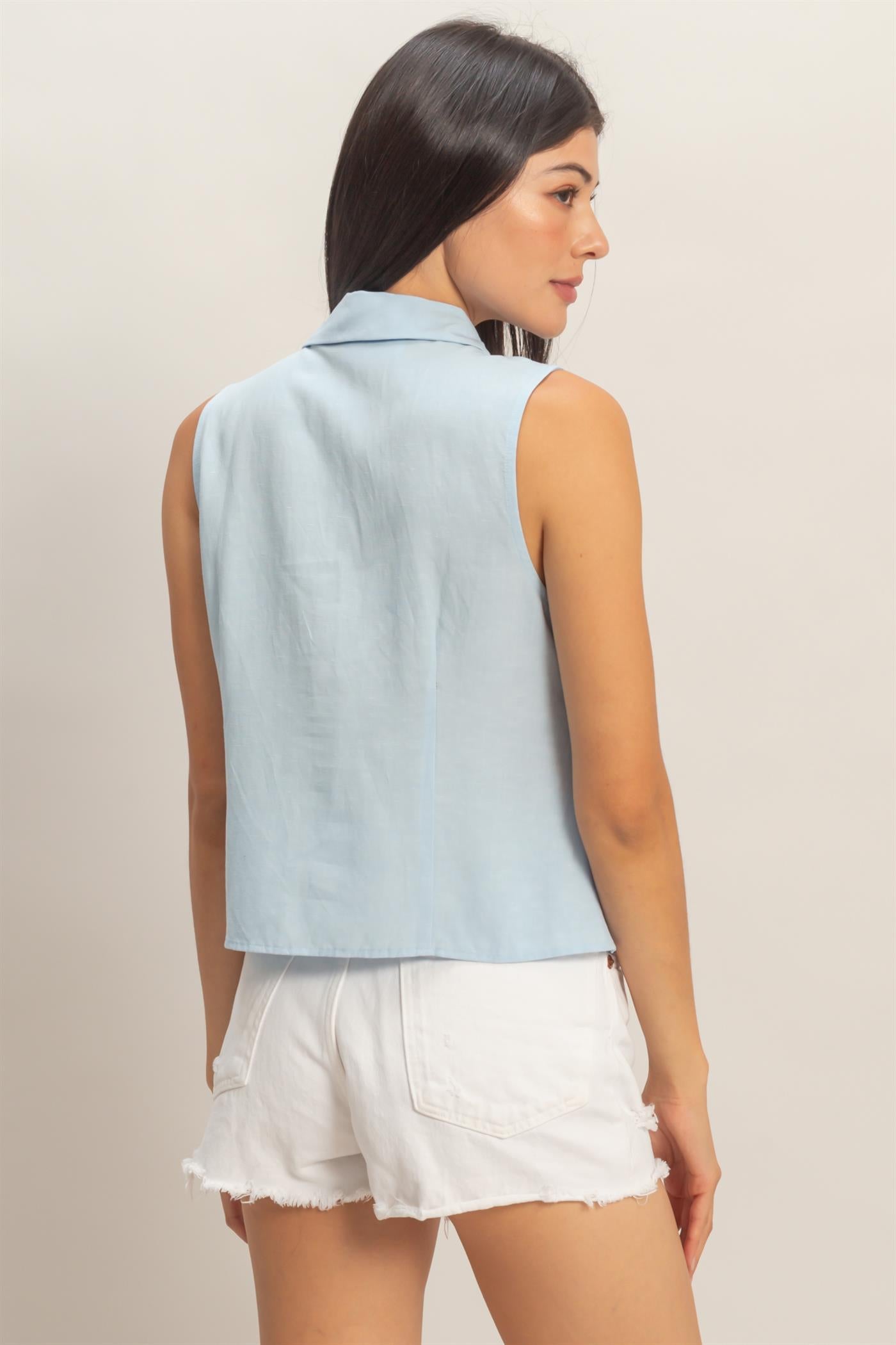 Wholesale Sleeveless Lyocell Linen Button Front Top Clothing Tops DZ26C189 ICE BLUE DOUBLE ZERO