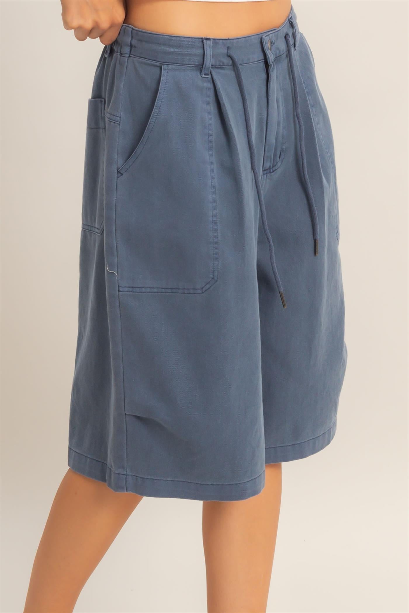 Wholesale Drawstring Waist Wide Leg Jorts Shorts DZ26F283 NAVY DOUBLE ZERO