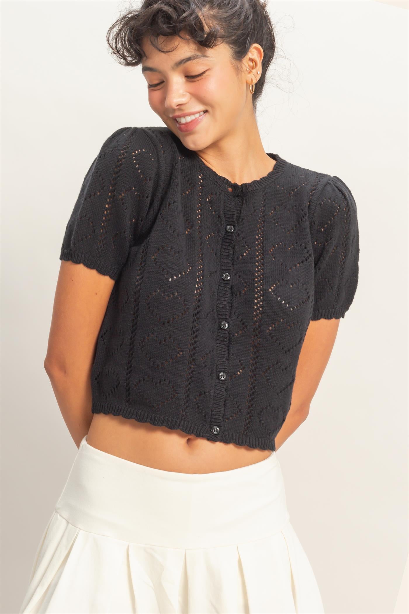 Wholesale Pointelle Knit Puff Sleeve Button Up Cardigan Cardigans DZ26A425 BLACK HYFVE