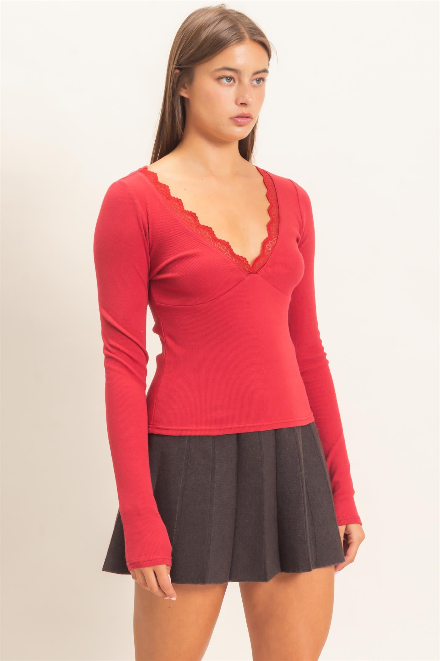 Wholesale Lace Trim V-Neck Top Clothing Tops DZ26E913 DARK RED DOUBLE ZERO