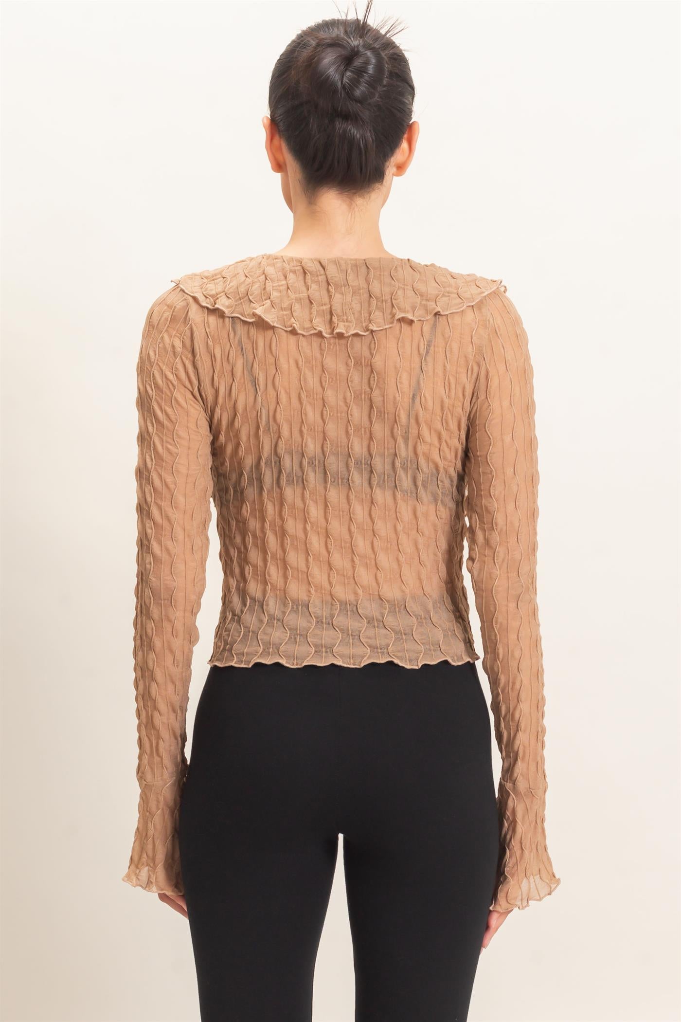 Wholesale Textured V-Neck Tie Front Top Blouses HF26F072 TAN HYFVE
