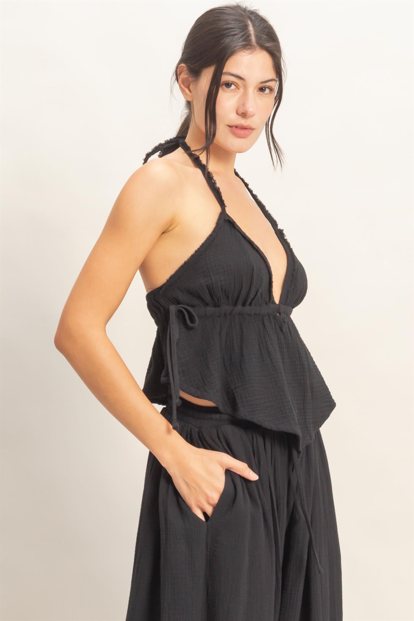 Wholesale Textured Halter Tie Waist Top Clothing Tops HF26C027 BLACK HYFVE