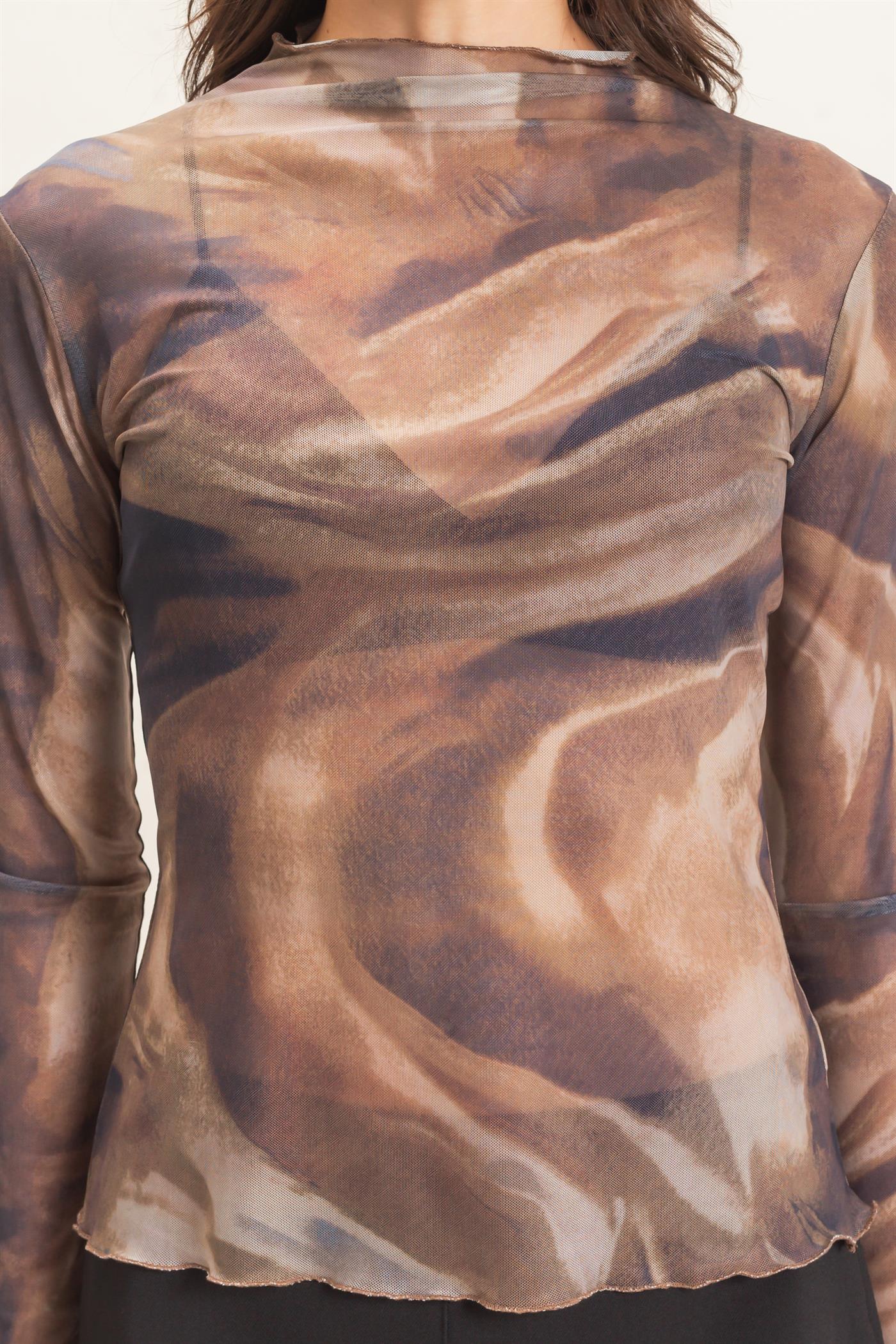 Wholesale Ruffled Mock Neck Mesh Top Blouses HF27A422 BROWN HYFVE