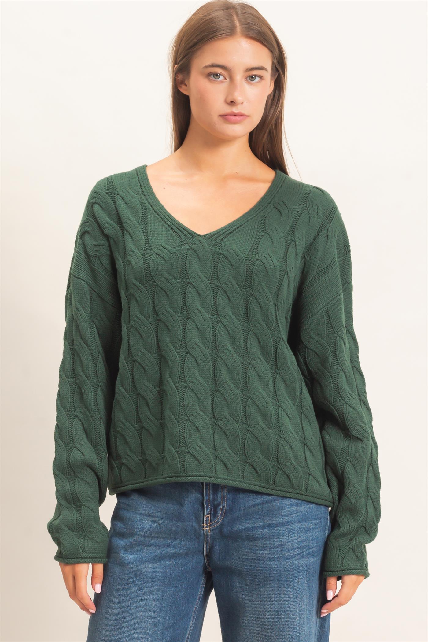 Wholesale Cable Knit V-Neck Sweater Sweaters DZ26E087 DARK GREEN DOUBLE ZERO