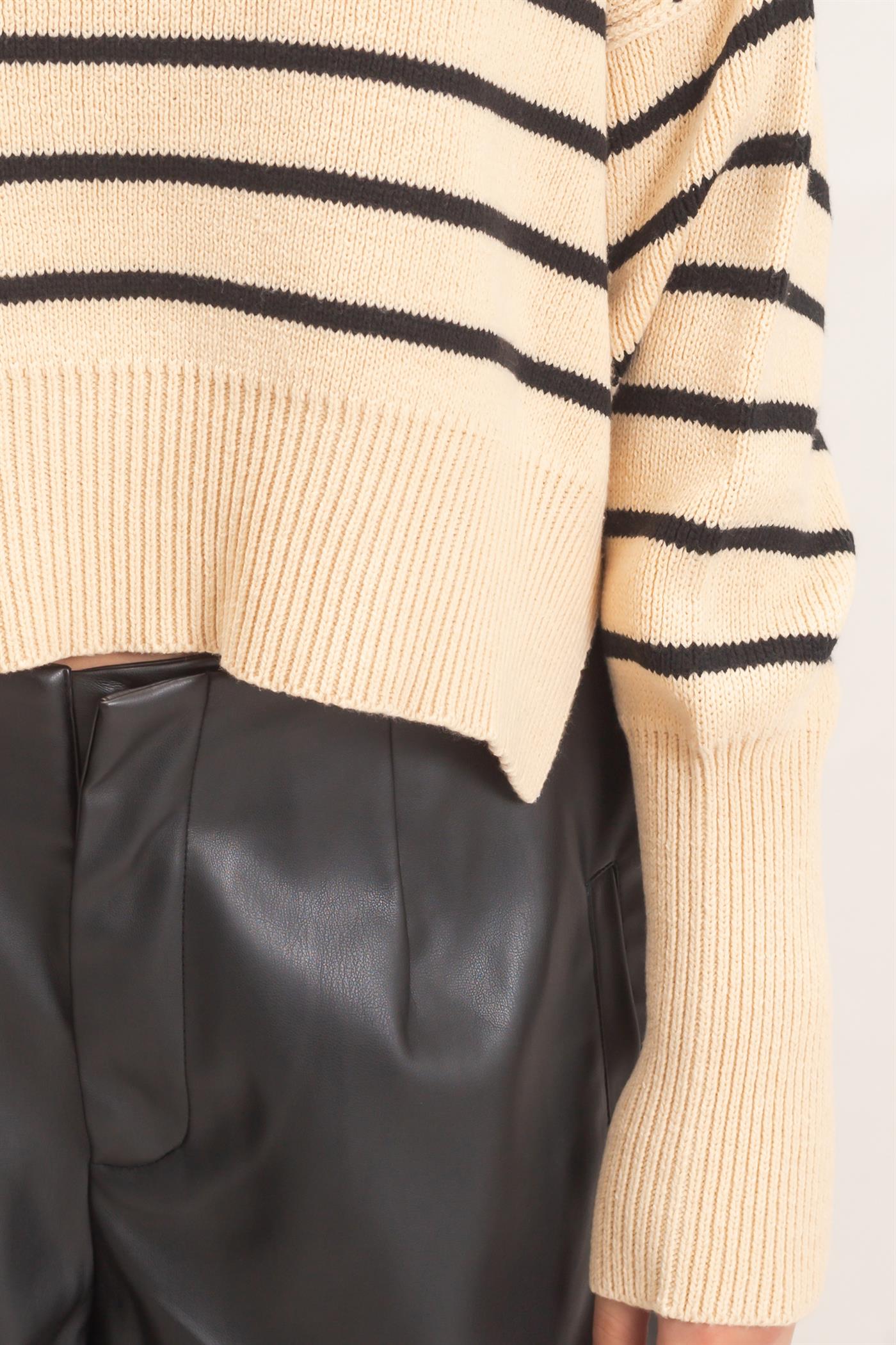 Wholesale Striped Mock Neck Cropped Sweater Sweaters HF26F192 BLACK HYFVE