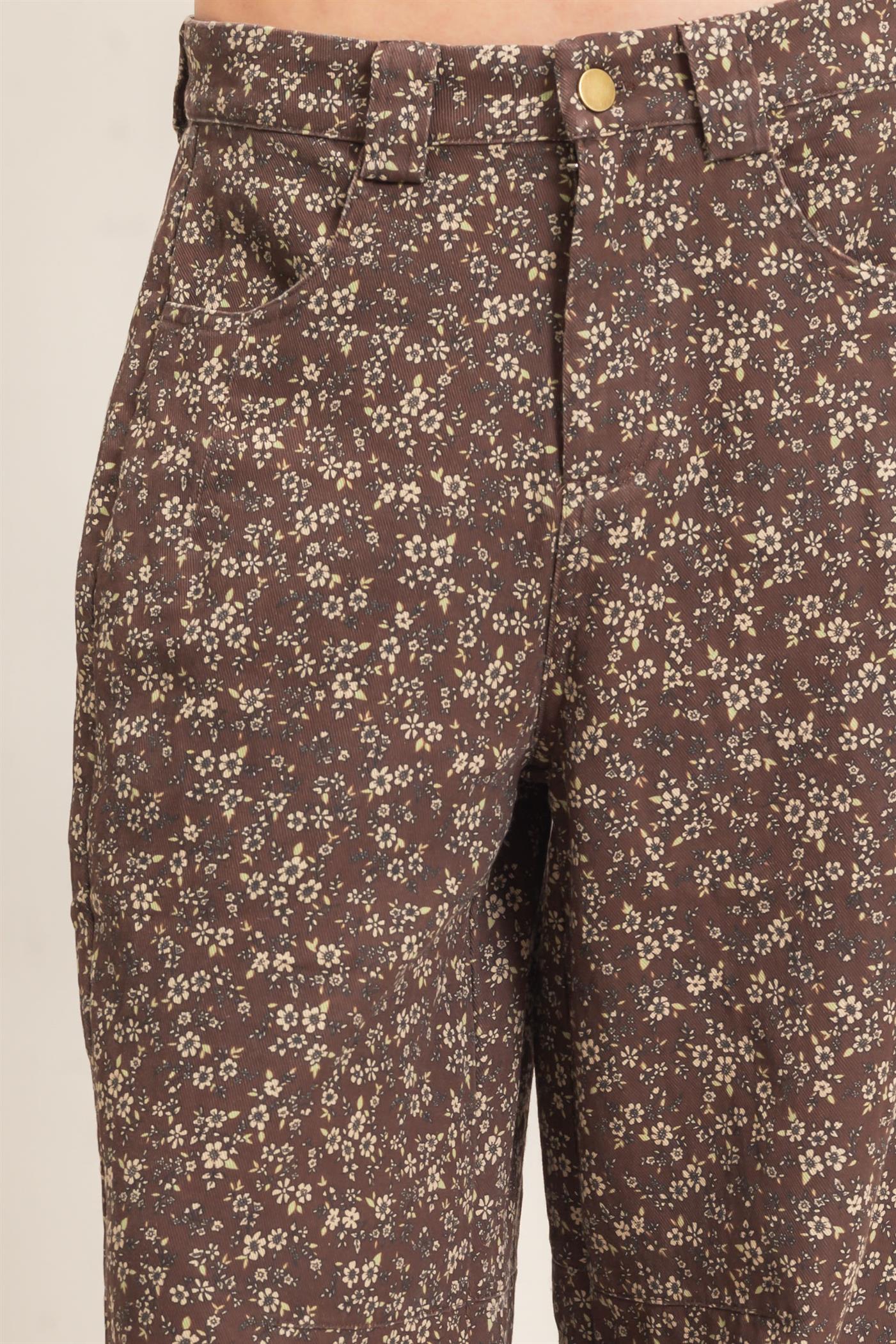Wholesale Floral Print Garment Wash Barrel Pants Pants HF26C840 CHESTNUT HYFVE